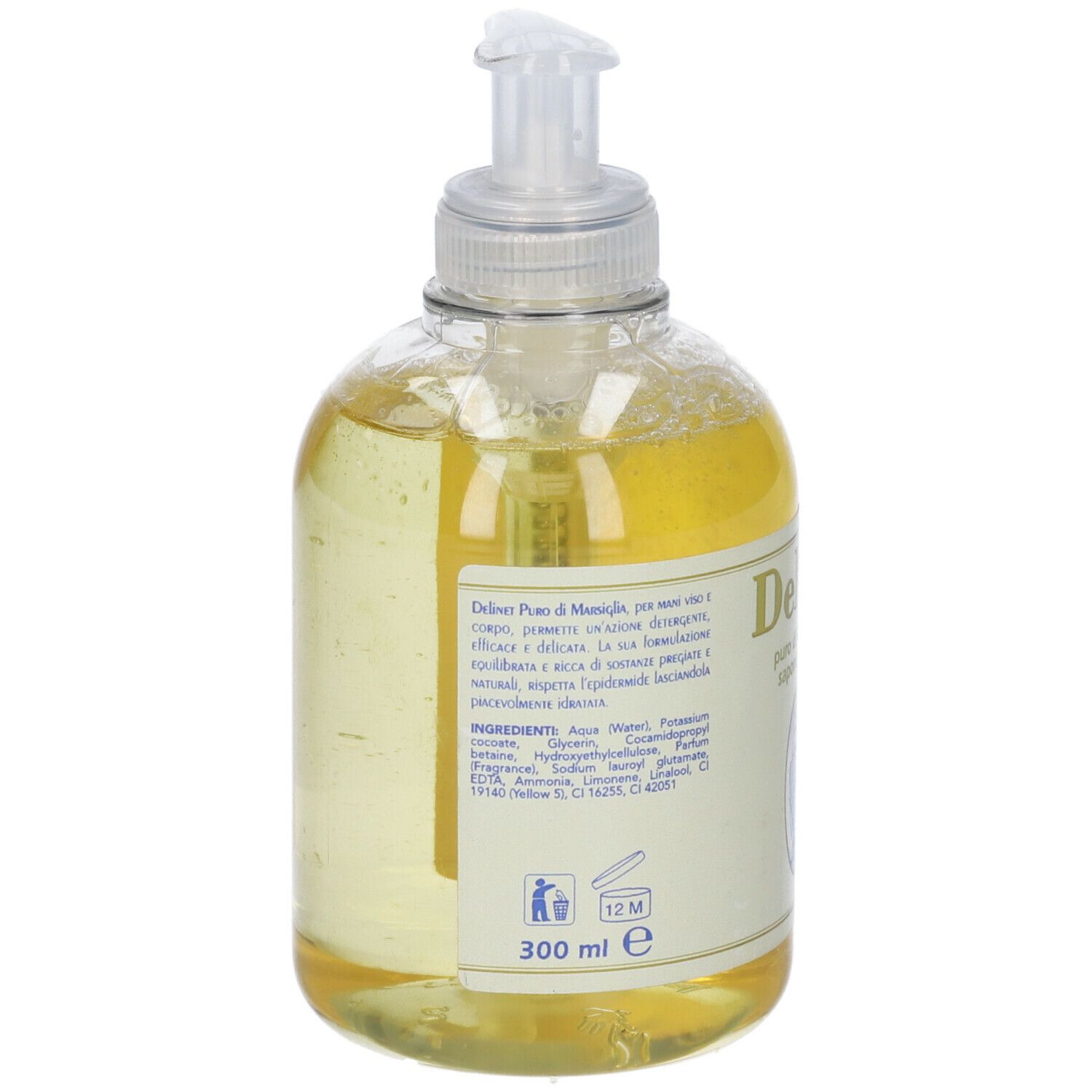 Retro di un flacone trasparente con liquido giallo. Scritta: Ingredienti, 300 ml, 12M.