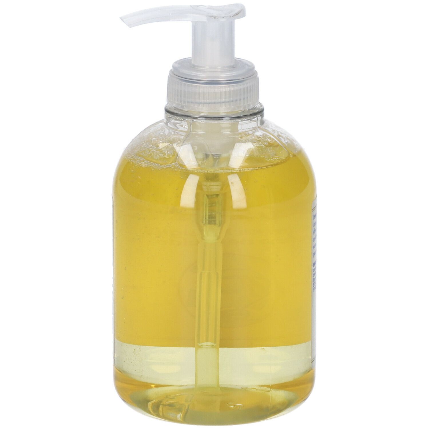 Flacone trasparente con liquido giallo e dosatore. Il dosatore è in alto.