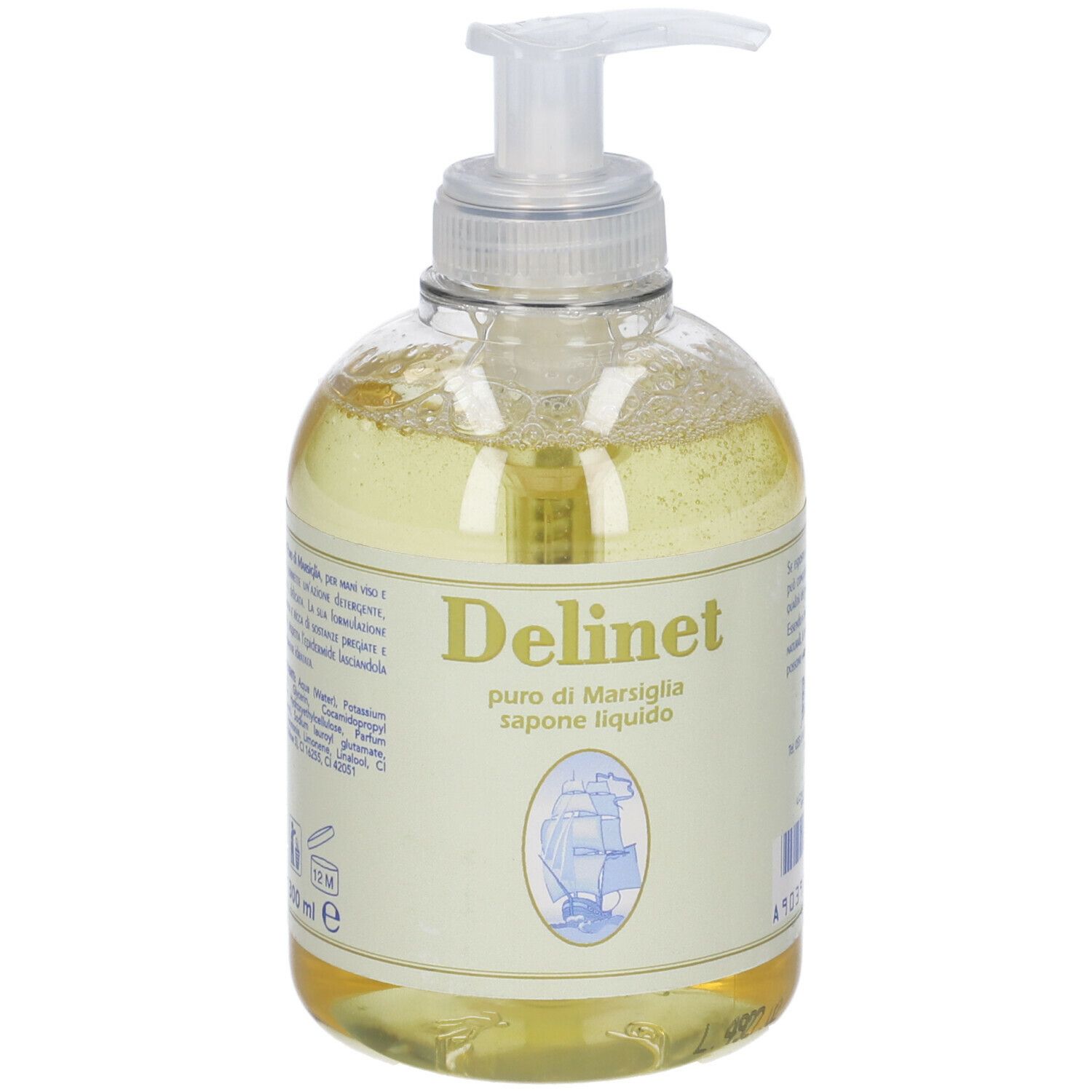 Flacone trasparente con liquido giallo e dosatore. Scritta: Delinet, puro di Marsiglia sapone liquido.