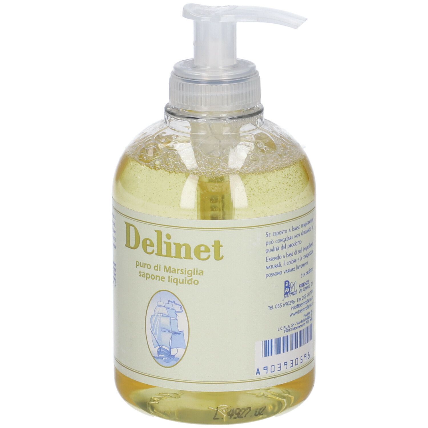 Flacone trasparente con liquido giallo e dosatore. Scritta: Delinet, puro di Marsiglia sapone liquido.