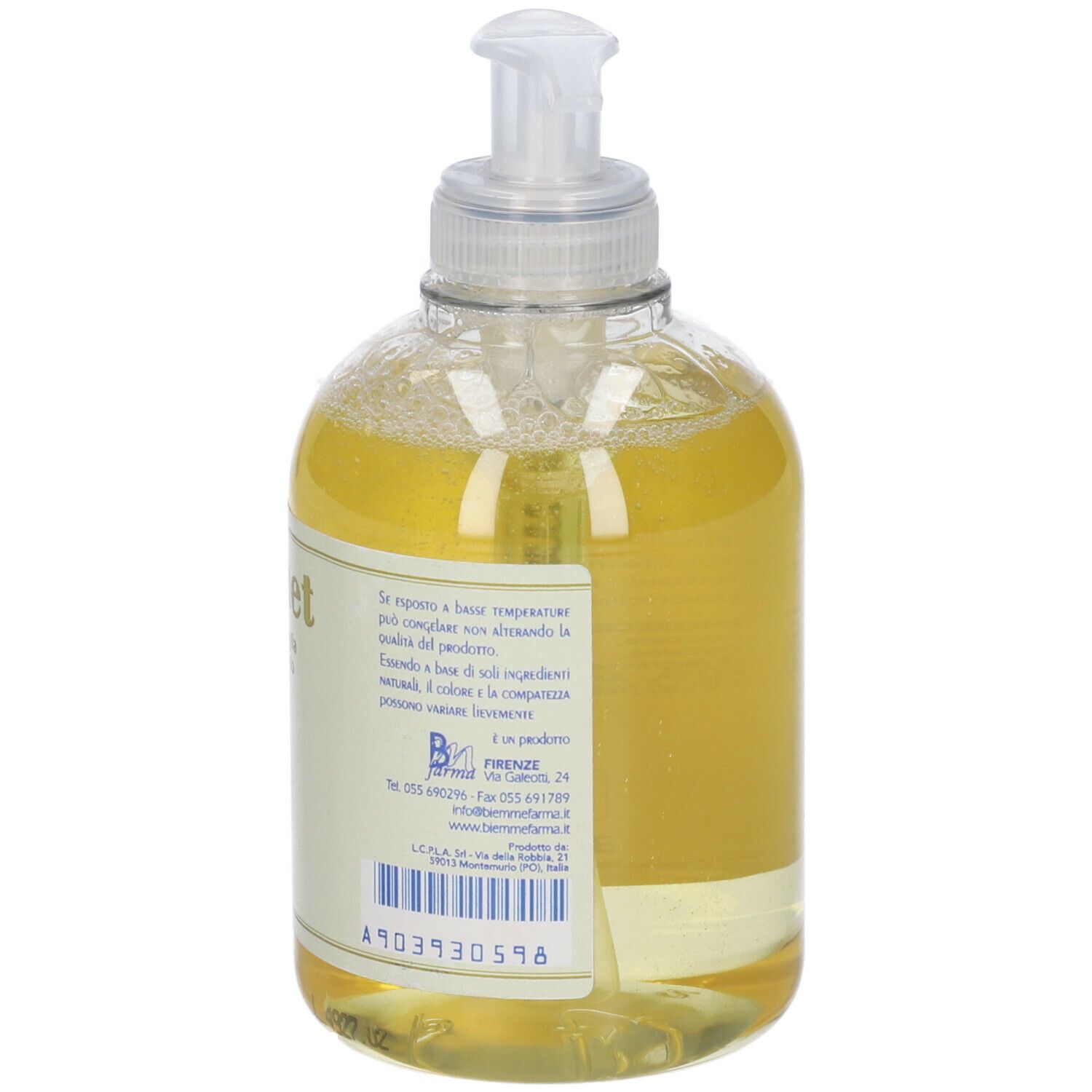 Retro di un flacone trasparente con liquido giallo. Scritta e codice a barre.