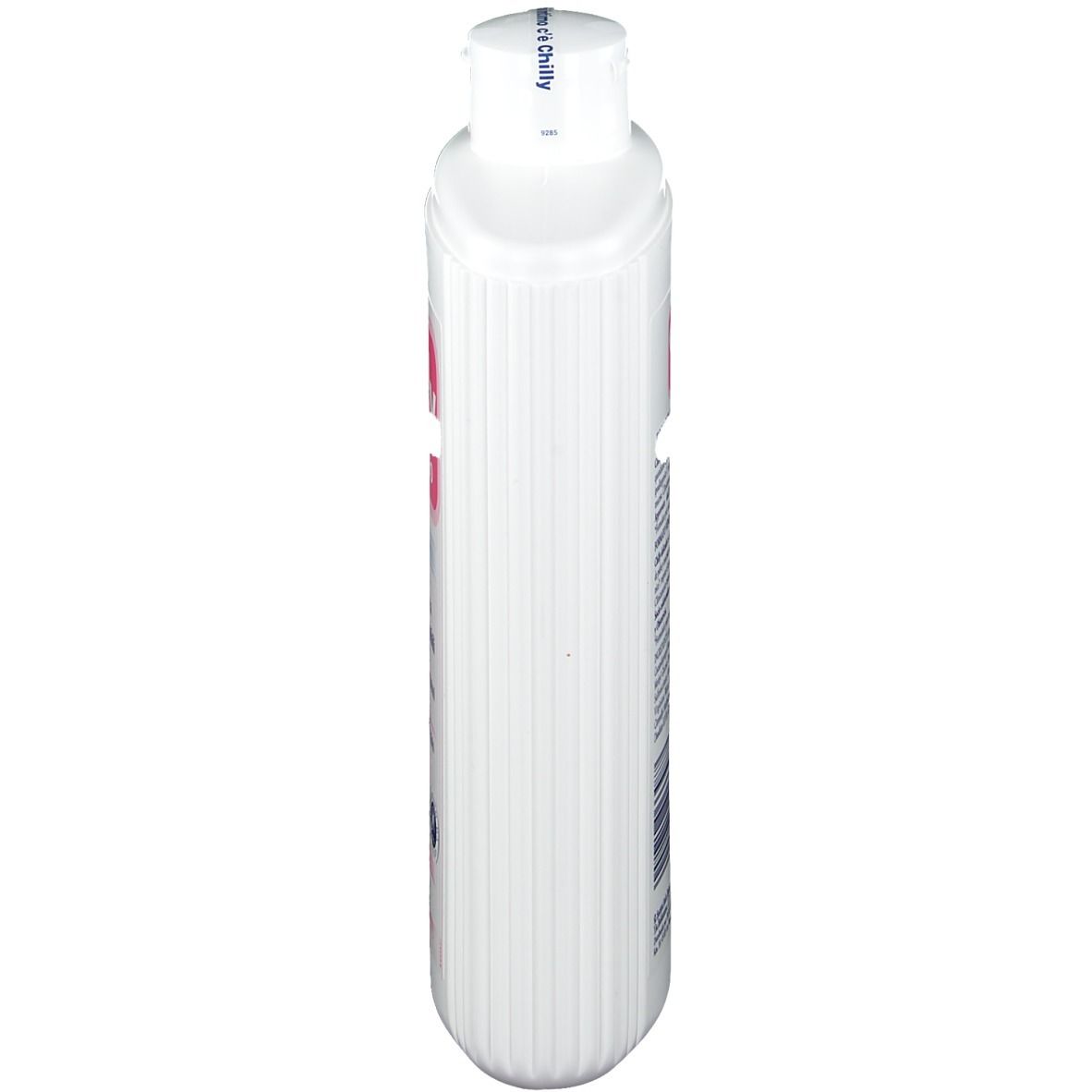 Vista dall'alto di un flacone bianco con superficie scanalata e tappo bianco.