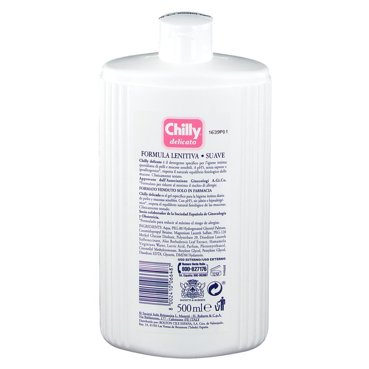 Retro di un flacone bianco. Scritta: Chilly delicato, ingredienti, 500 ml.