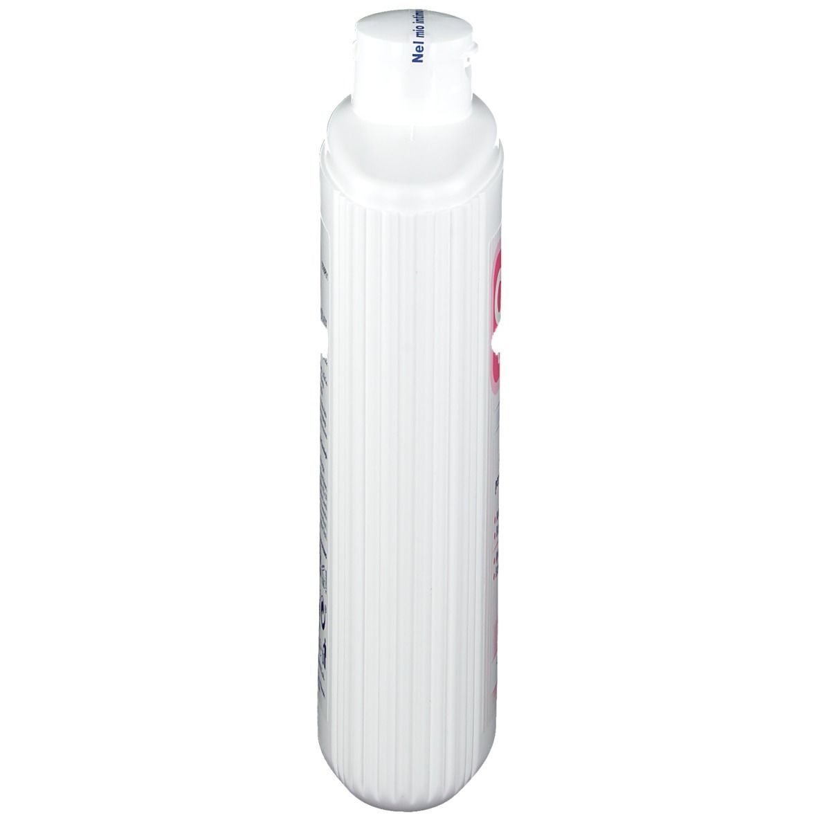 Vista dall'alto di un flacone bianco con superficie scanalata e tappo bianco.