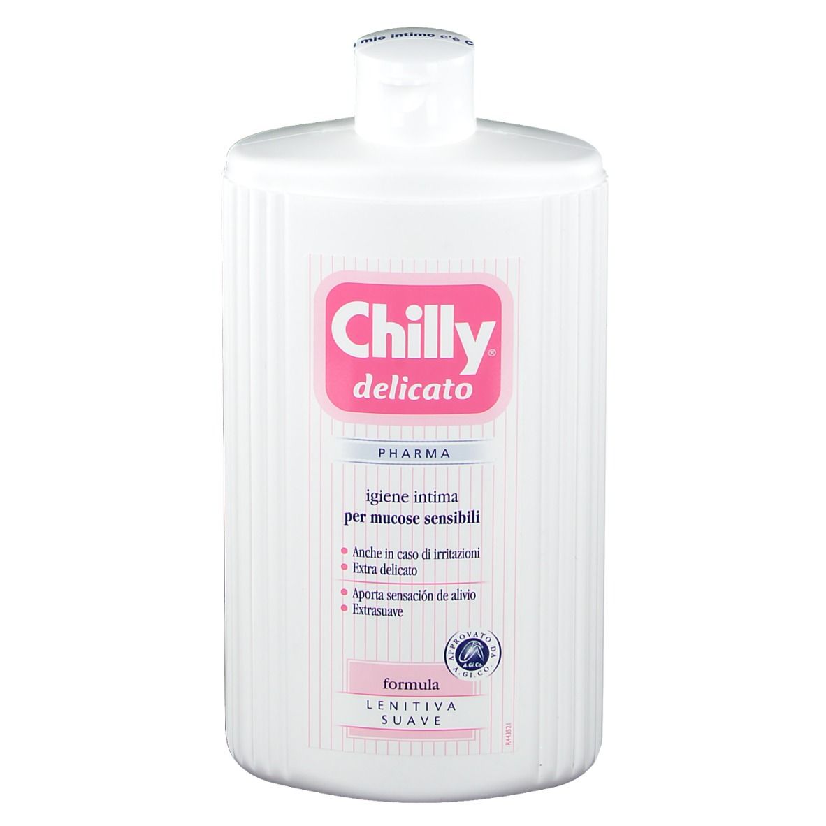 Flacone bianco con etichetta rosa. Scritta: Chilly delicato, igiene intima per mucose sensibili.