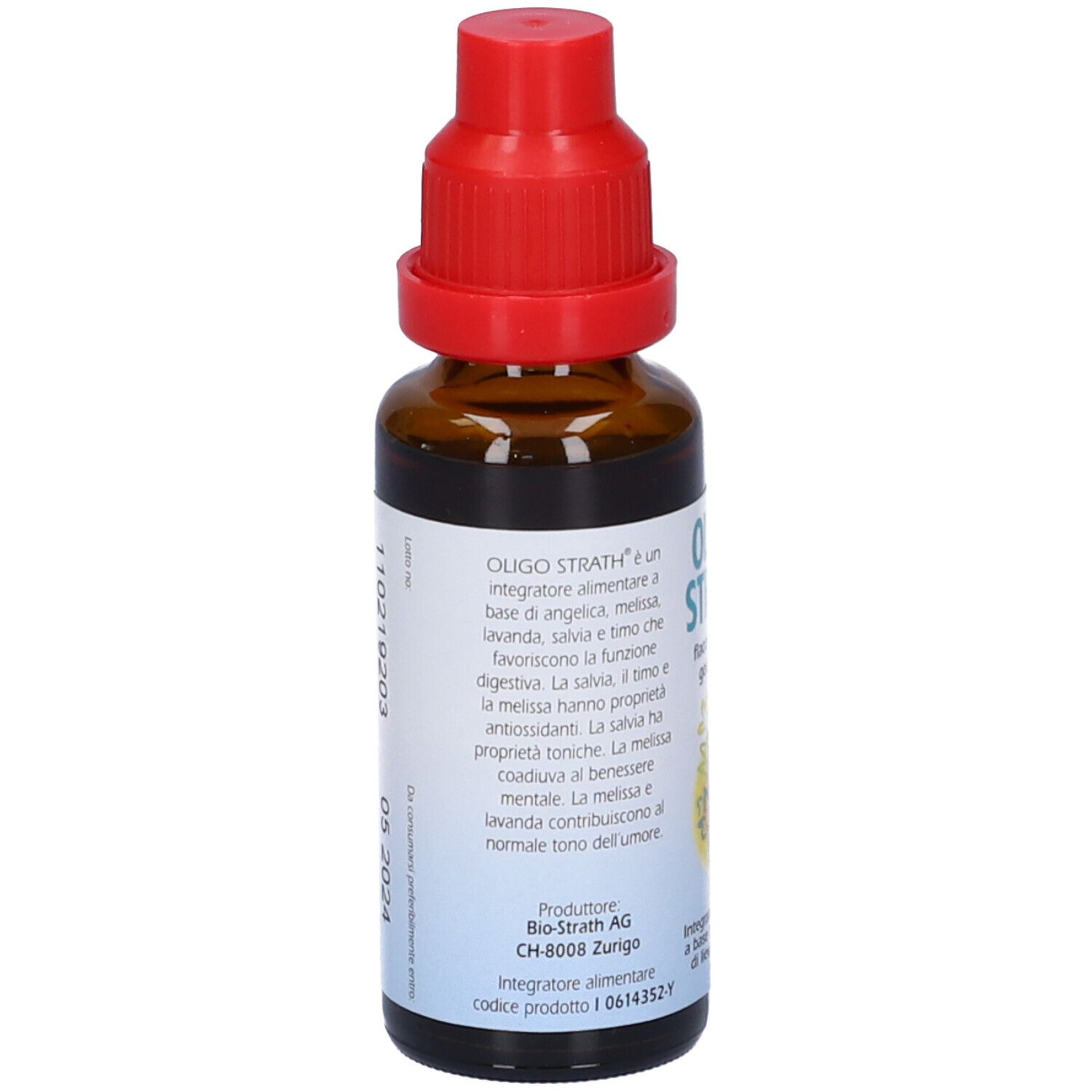 Flacone di vetro marrone con tappo rosso. Retro con testo. Produttore: Bio-Strath AG, CH-8008 Zurigo. Da consumarsi preferibilmente entro: 05 2024.