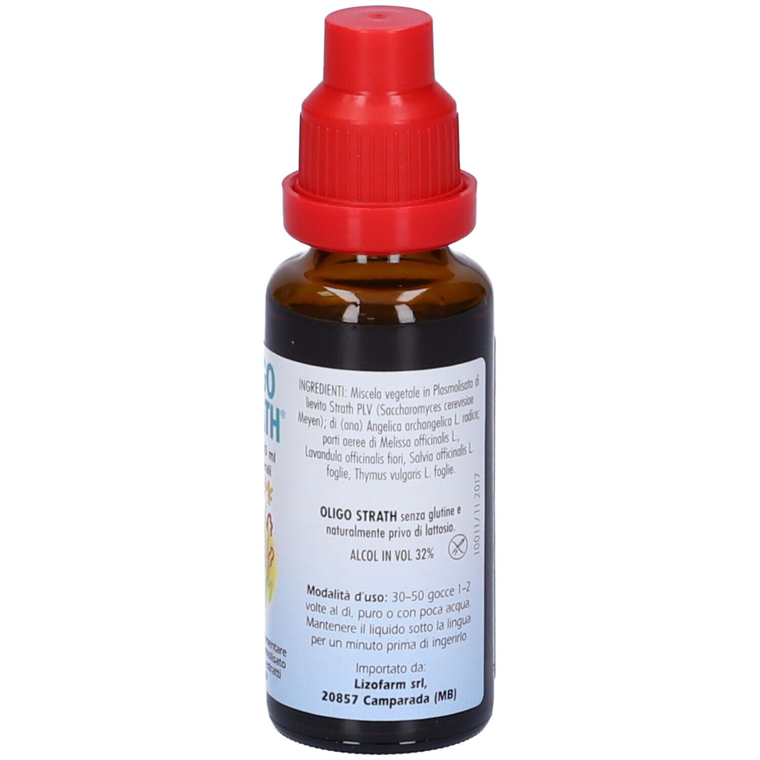 Flacone di vetro marrone con tappo rosso. Etichetta con ingredienti e istruzioni per l'uso. Contenuto alcolico 32%.