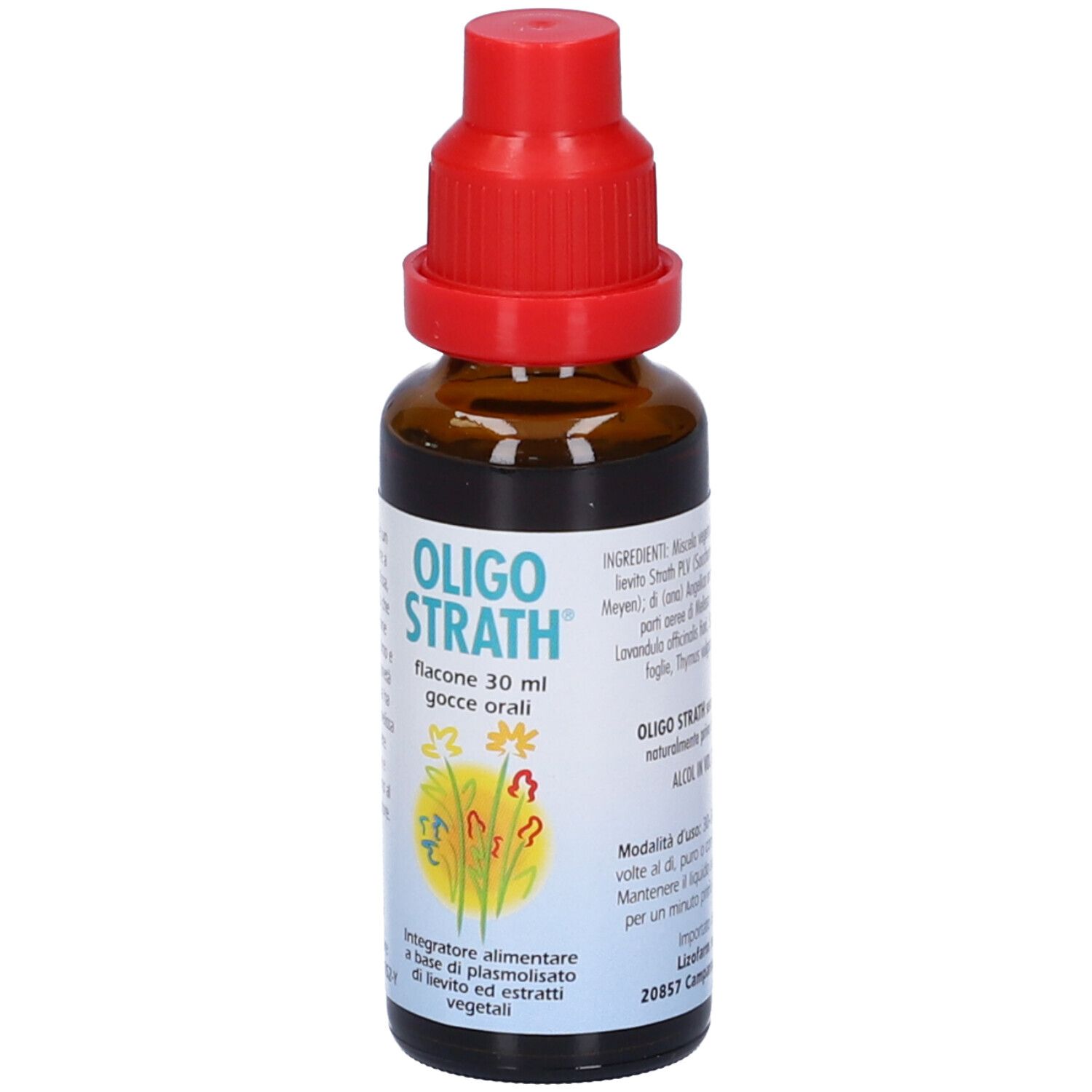 Flacone di vetro marrone con tappo rosso. Scritta: Oligo Strath, 30 ml, gocce orali. Etichetta con design floreale.