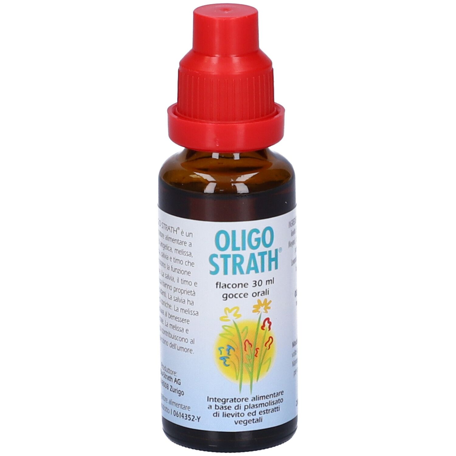 Flacone di vetro marrone con tappo rosso. Scritta: Oligo Strath, 30 ml, gocce orali. Etichetta con design floreale.