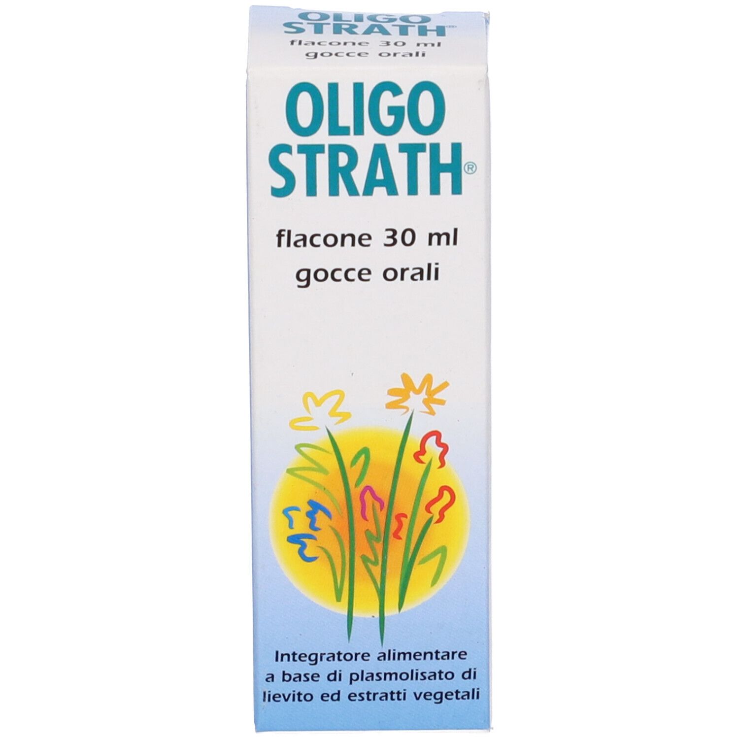 Confezione bianca con design floreale. Scritta: Oligo Strath, 30 ml, gocce orali. Nome del prodotto e quantità.