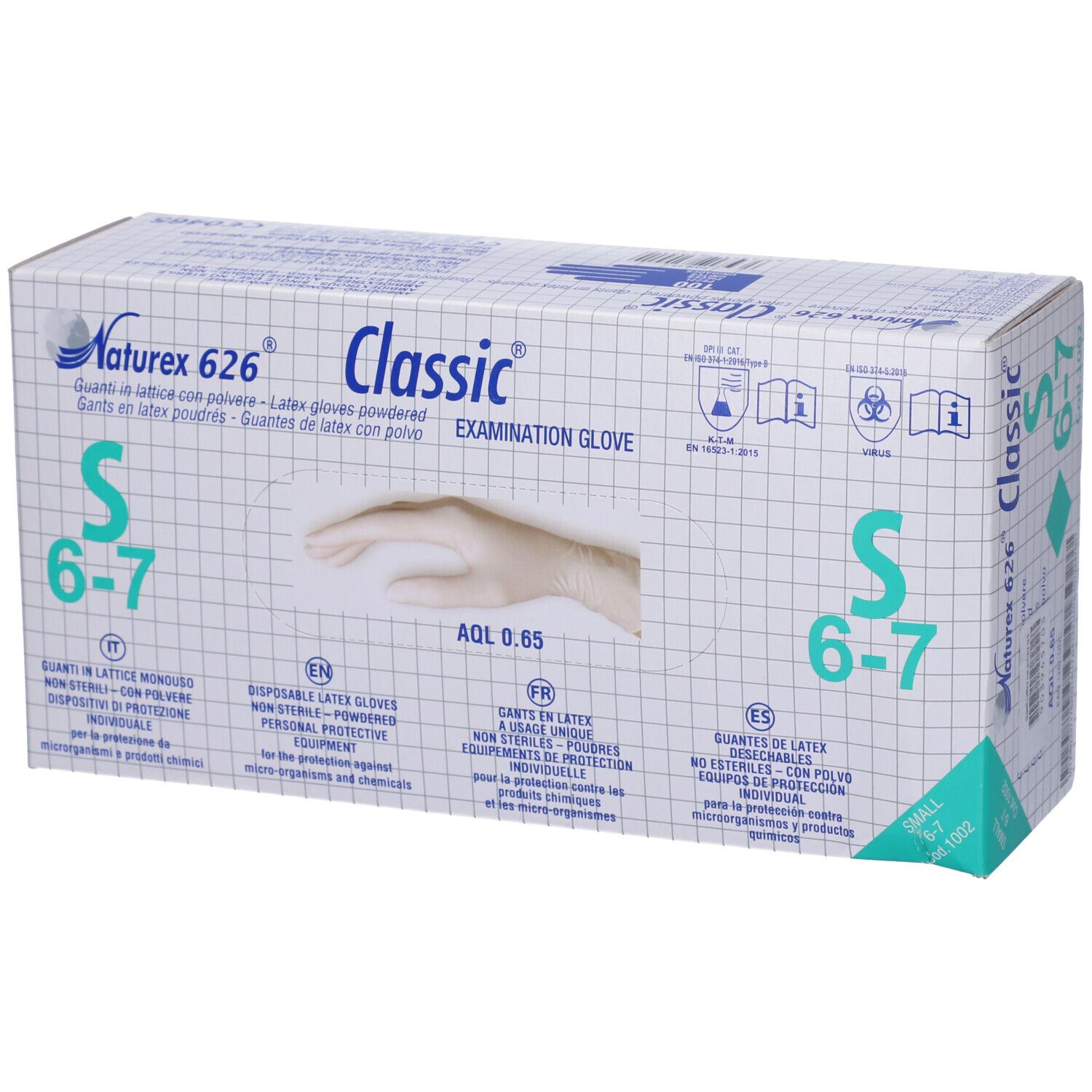 Scatola di guanti Naturex 626 Classic, taglia S 6-7. Guanti in lattice con polvere. Scritte multilingue. Immagine di una mano.