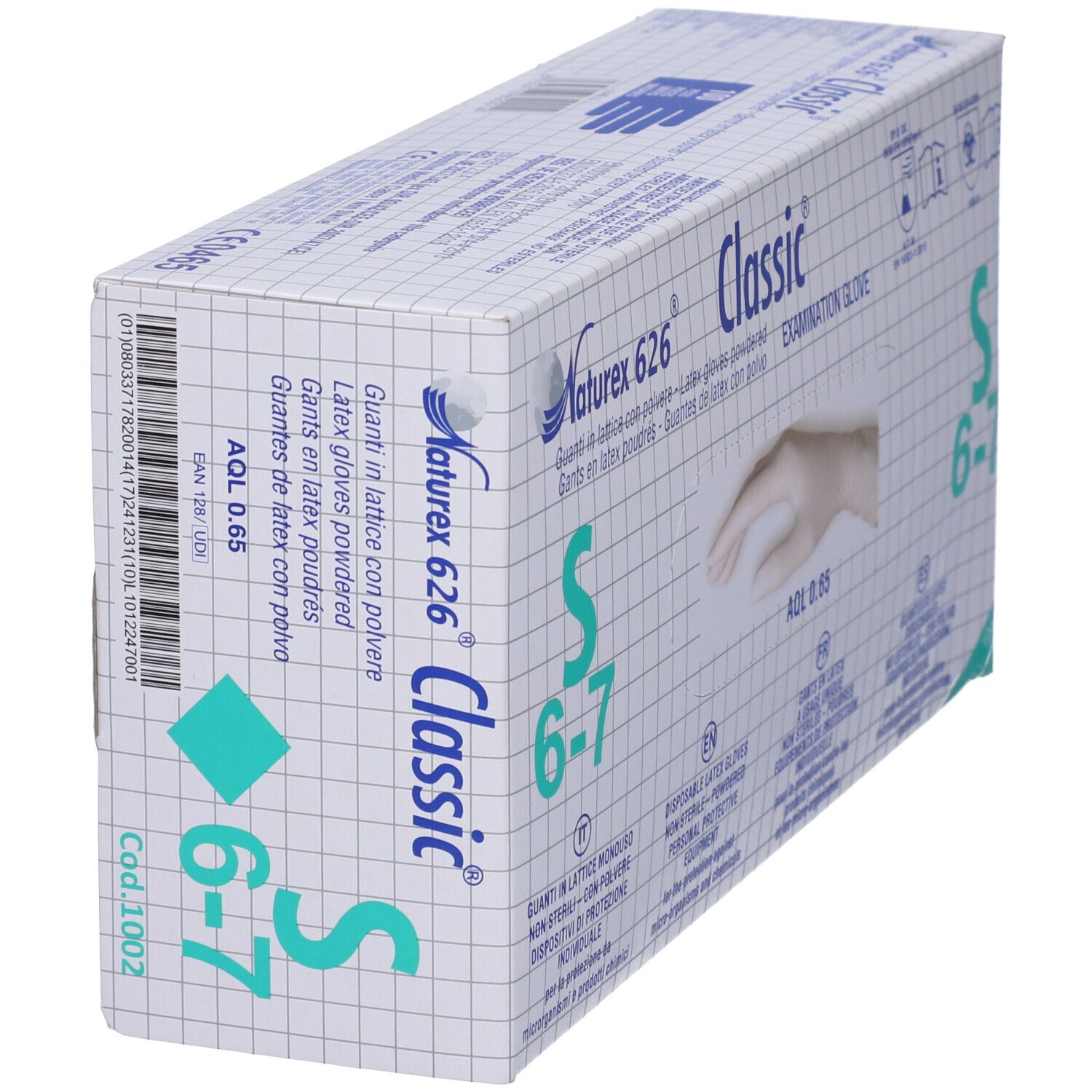 Scatola di guanti Naturex 626 Classic, taglia S 6-7. Guanti in lattice con polvere. Vista laterale della confezione.