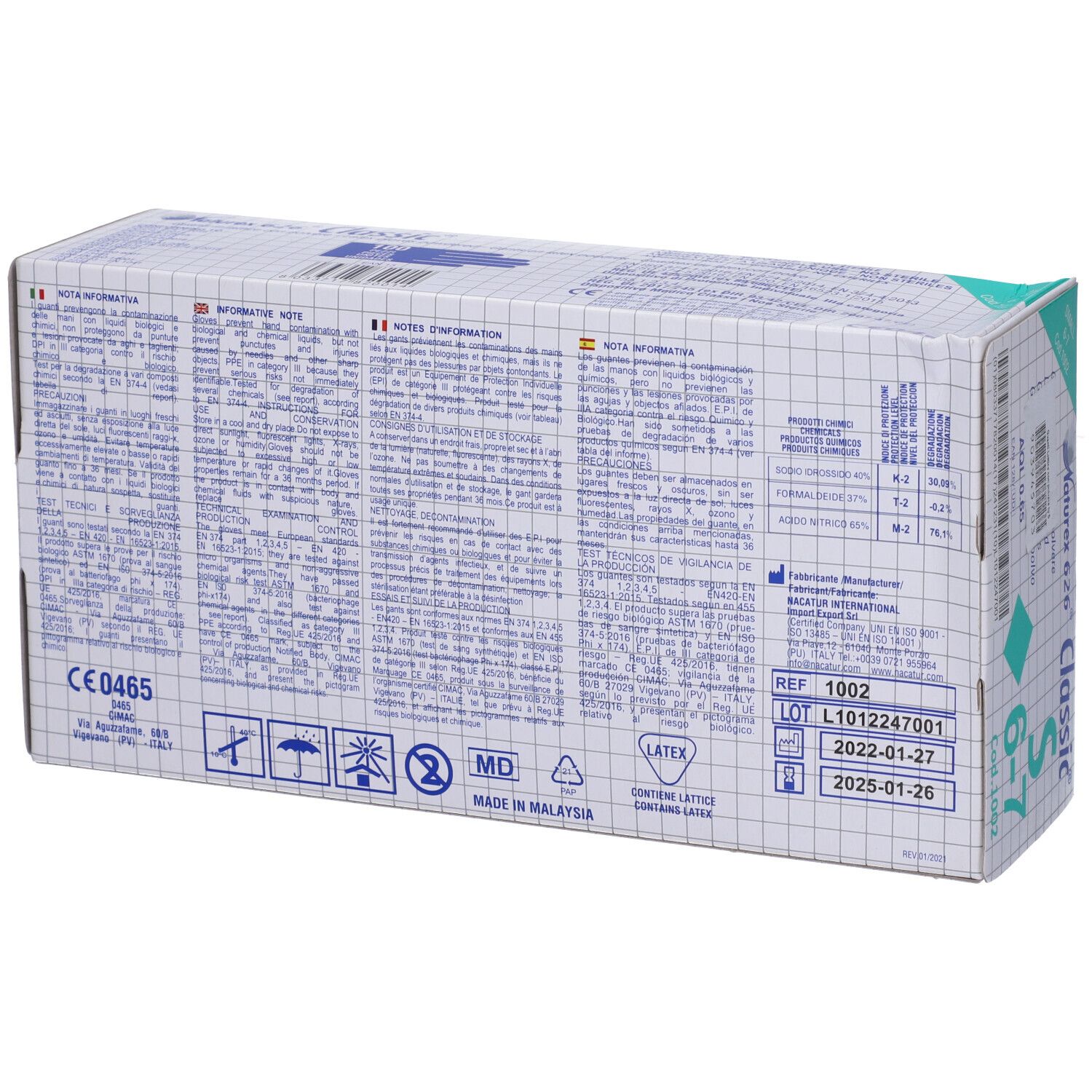 Retro della confezione di guanti. Informazioni multilingue. Marchio CE. Simbolo lattice. Prodotto in Malesia.