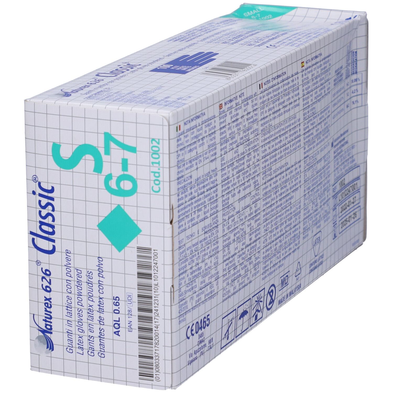 Scatola di guanti Naturex 626 Classic, taglia S 6-7. Guanti in lattice con polvere. Vista laterale della confezione.