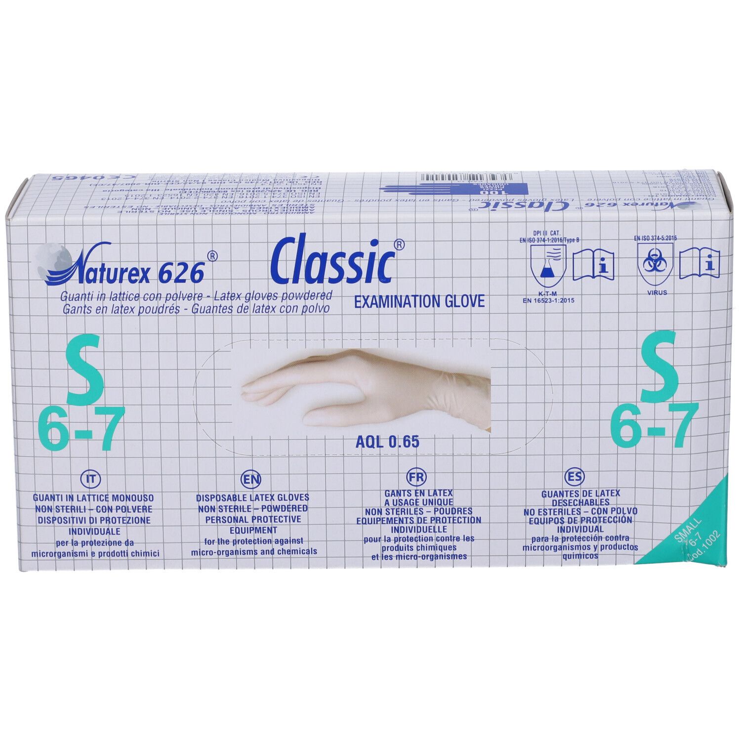 Scatola di guanti Naturex 626 Classic, taglia S 6-7. Guanti in lattice con polvere. Scritte multilingue. Immagine di una mano.