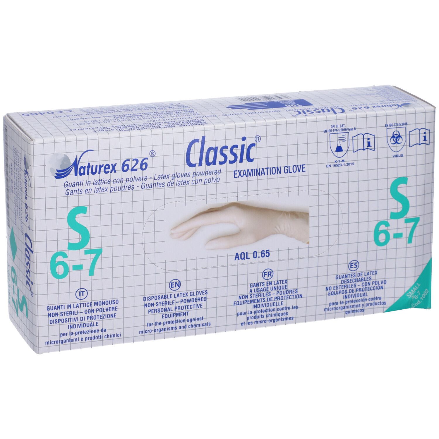 Scatola di guanti Naturex 626 Classic, taglia S 6-7. Guanti in lattice con polvere. Scritte multilingue. Immagine di una mano.