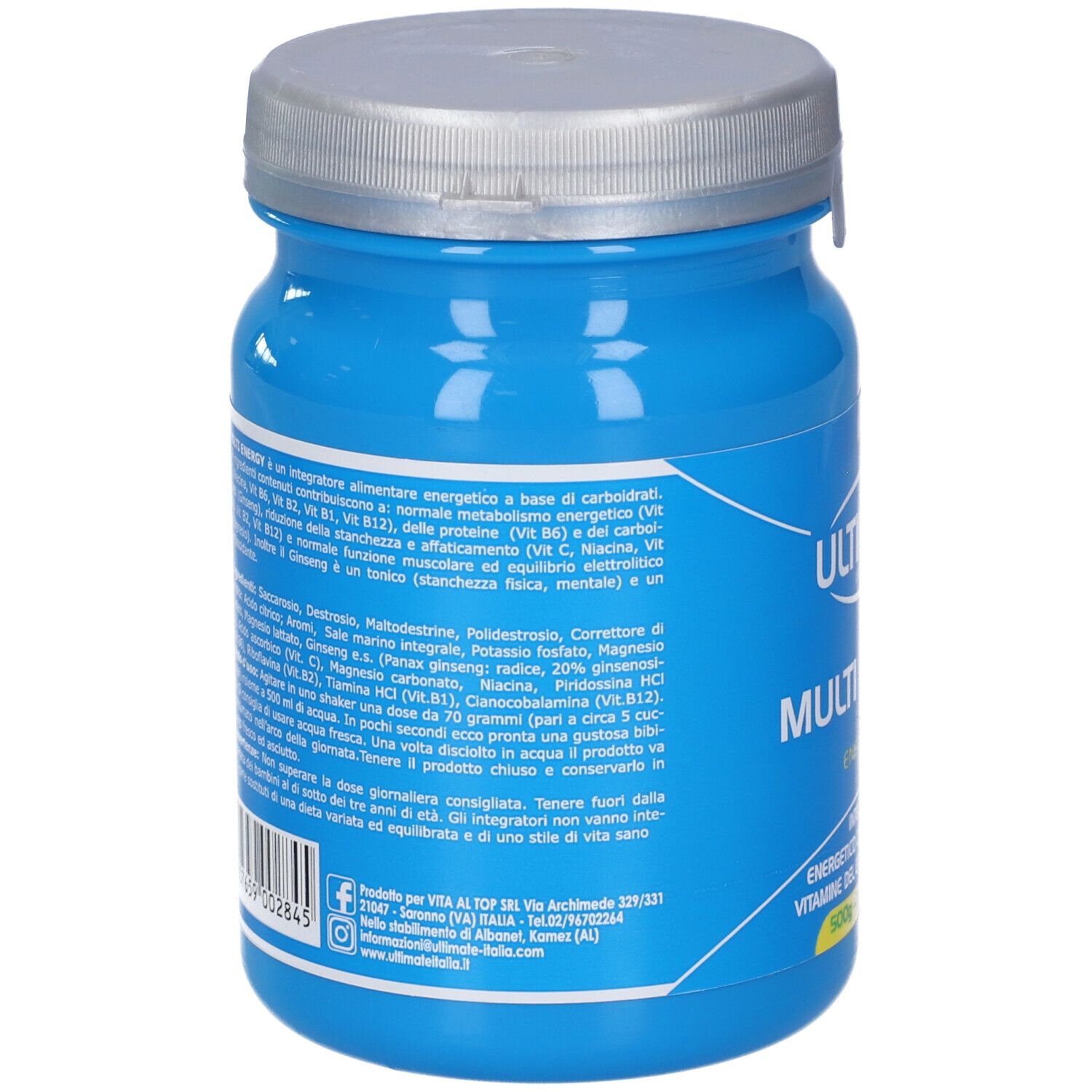 Barattolo blu con coperchio argentato. Retro con testo. Contiene informazioni sugli ingredienti e il valore nutrizionale.