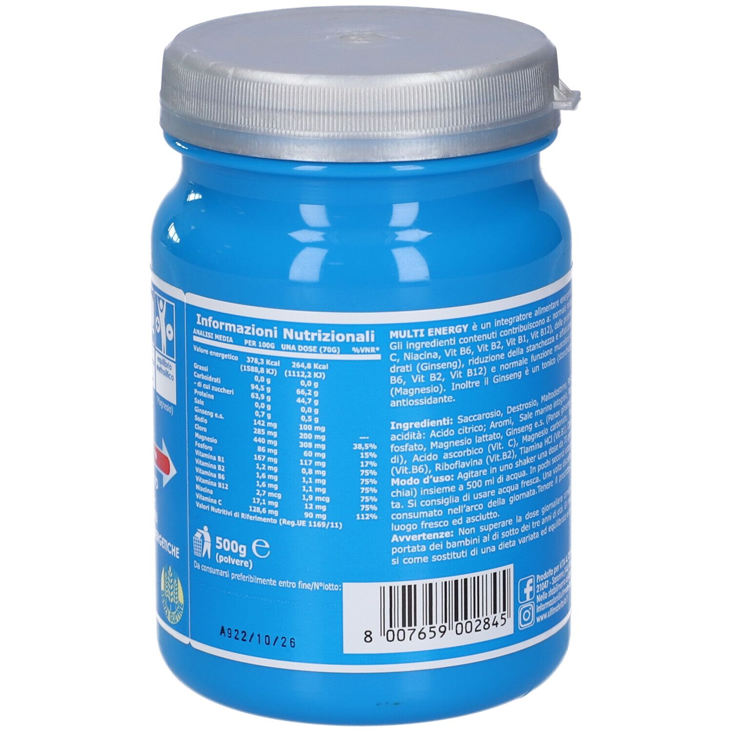 Barattolo blu con coperchio argentato. Retro con informazioni nutrizionali e ingredienti. 500g.