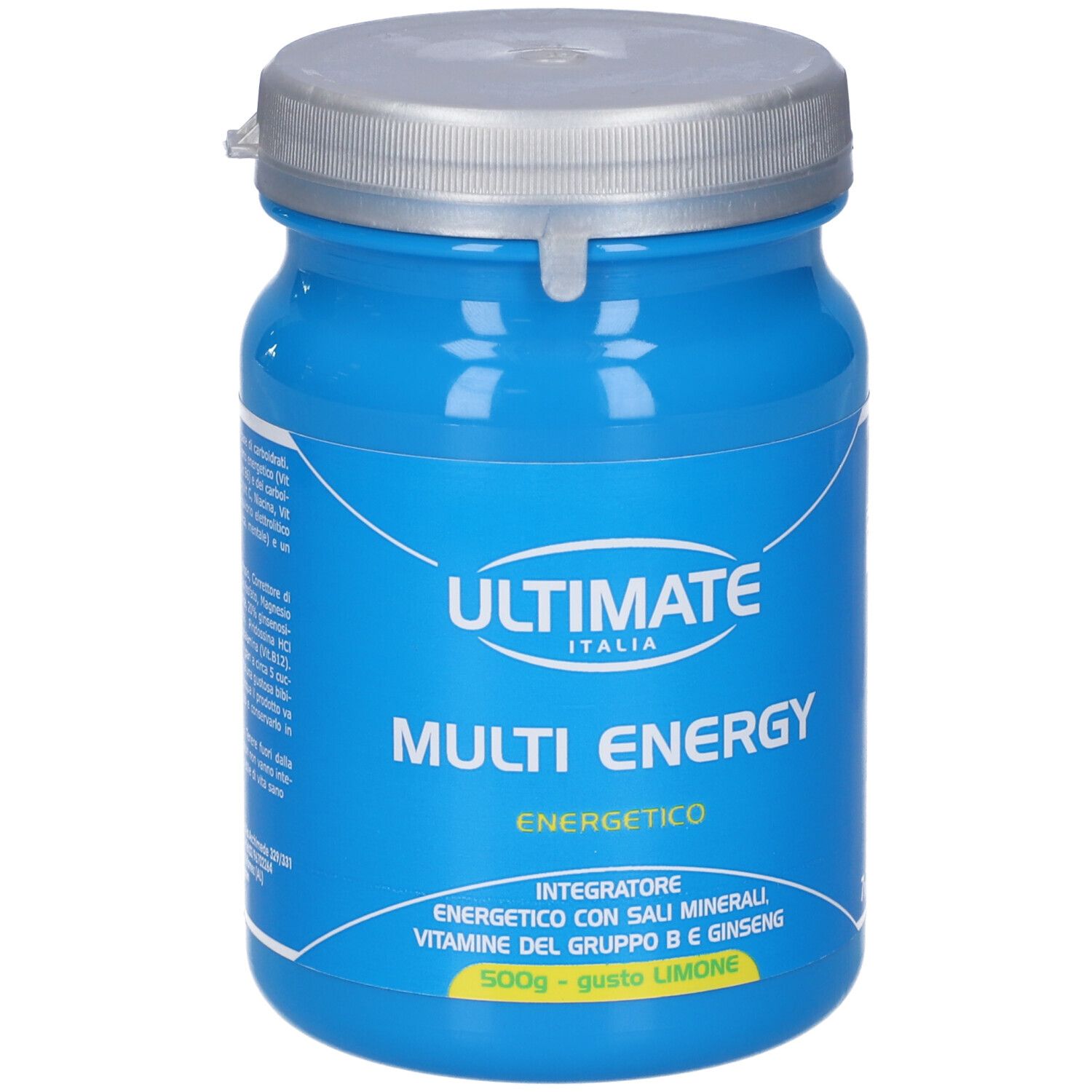 Barattolo blu con coperchio argentato. Scritta: ULTIMATE ITALIA, MULTI ENERGY, ENERGETICO. 500g, gusto LIMONE.