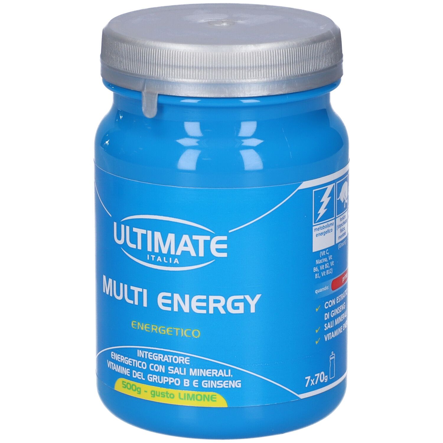Barattolo blu con coperchio argentato. Scritta: ULTIMATE ITALIA, MULTI ENERGY, ENERGETICO. 500g, gusto LIMONE. 7x70g.