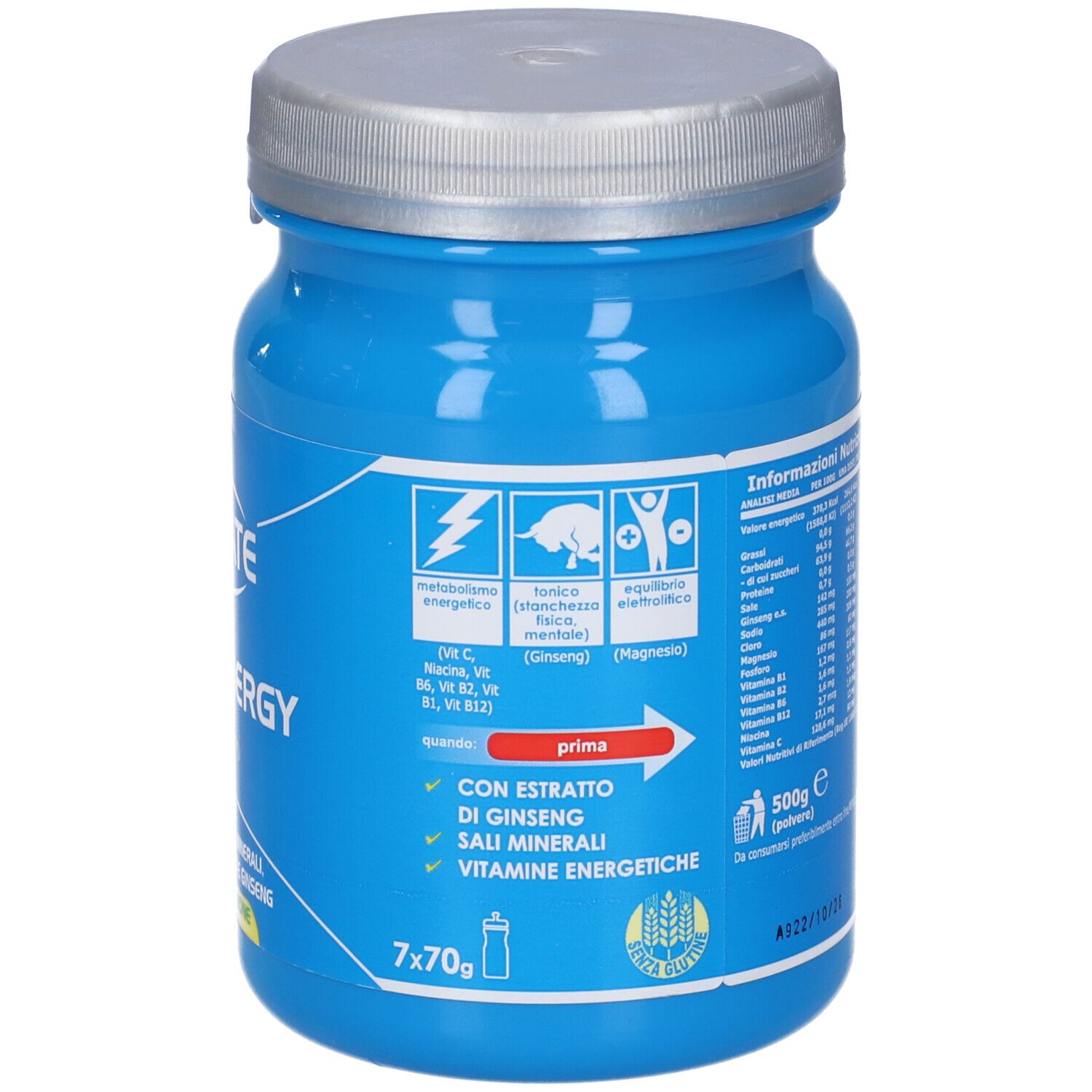 Barattolo blu con coperchio argentato. Retro con simboli e testo. 7x70g. Contiene ginseng, sali e vitamine.
