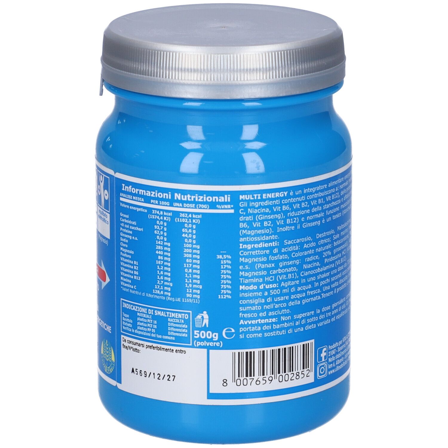 Barattolo blu con coperchio argentato. Scritta: Multi Energy. Informazioni nutrizionali e ingredienti. Scadenza: 12/27. 500g.