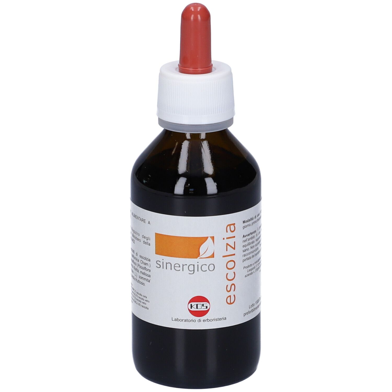 Flacone di vetro marrone con contagocce rosso. Scritta Escolzia Sinergico. KOS Laboratorio di erboristeria.