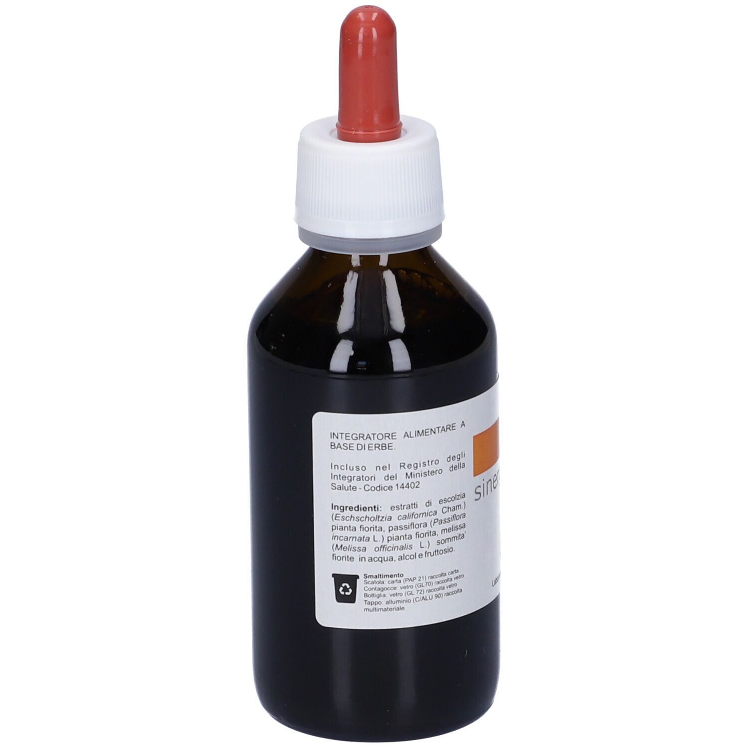 Flacone vetro marrone con contagocce rosso. Scritta Escolzia Sinergico. KOS Laboratorio. Lista ingredienti.