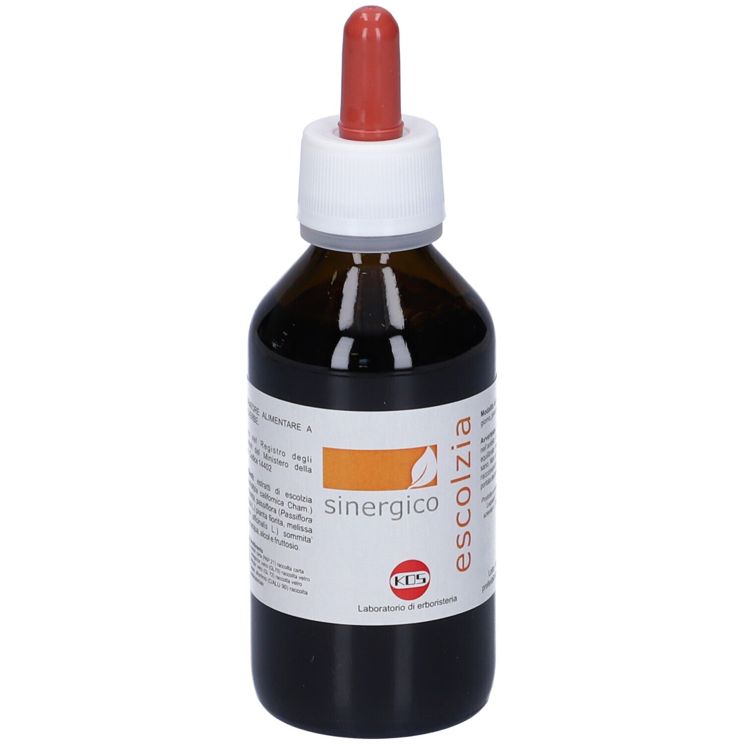 Flacone vetro marrone con contagocce rosso. Scritta Escolzia Sinergico. KOS Laboratorio di erboristeria.