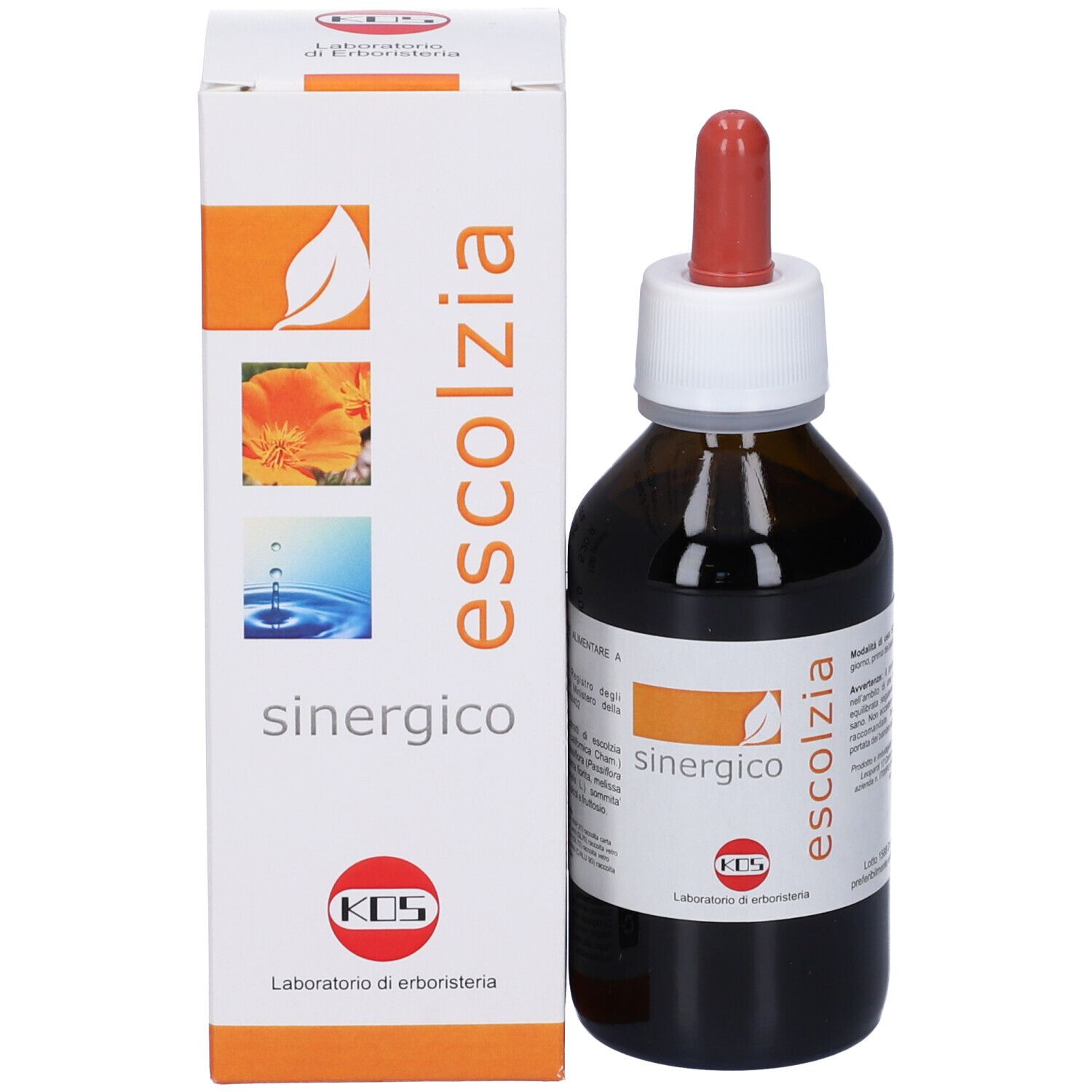 Flacone e scatola KOS Escolzia Sinergico Gocce. Flacone marrone con contagocce rosso. Scatola bianca.