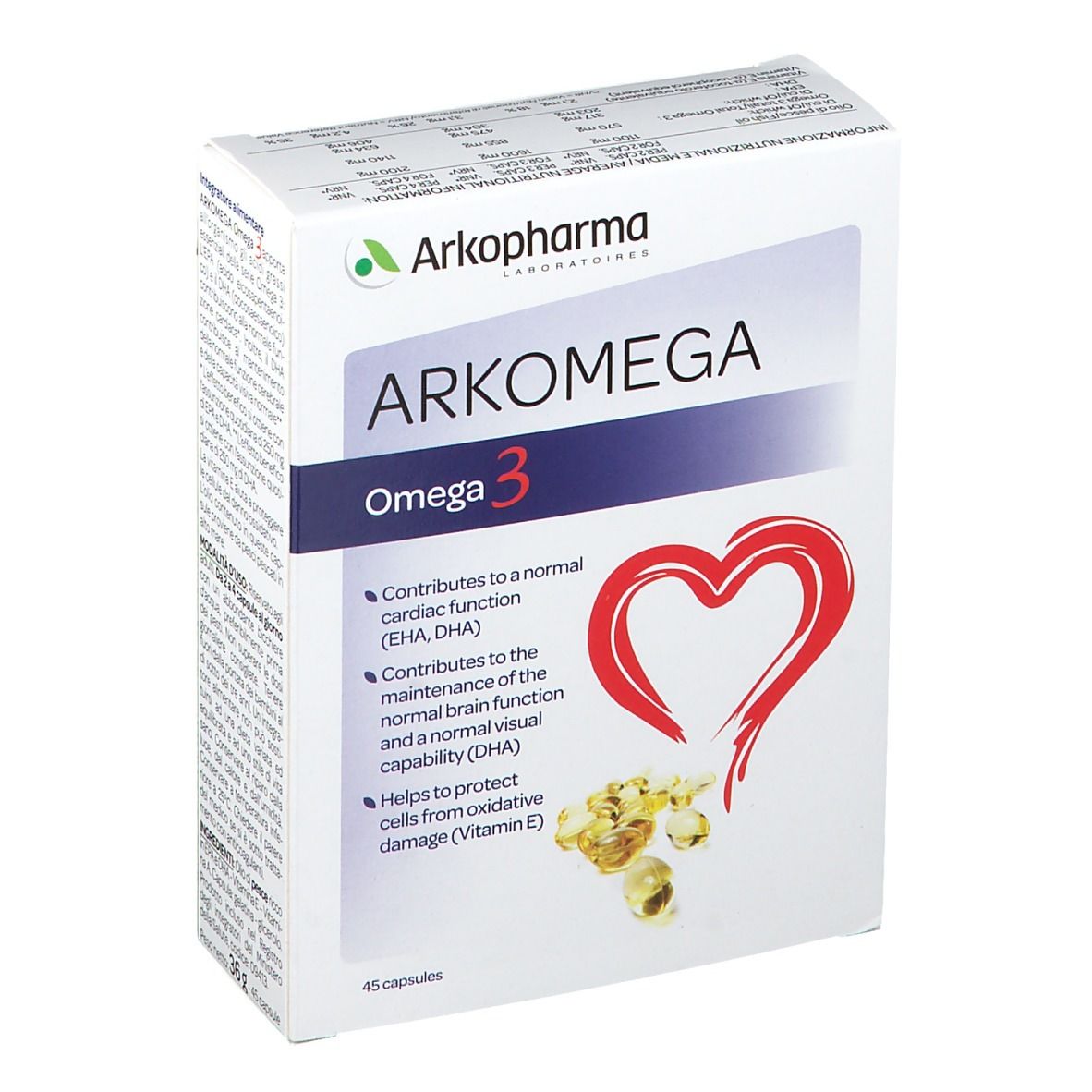 Scatola Arkopharma Arkomega Omega 3. Bianca, nome del prodotto e cuore rosso. Contiene 45 capsule.