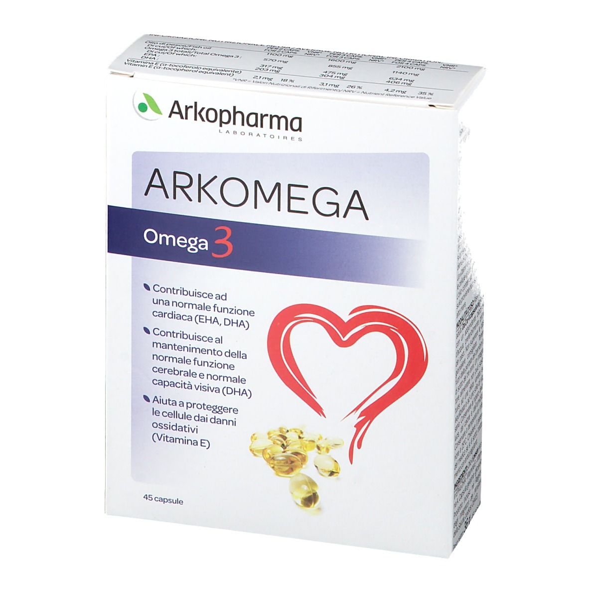 Scatola Arkopharma Arkomega Omega 3. Bianca, nome del prodotto e cuore rosso. Contiene 45 capsule.
