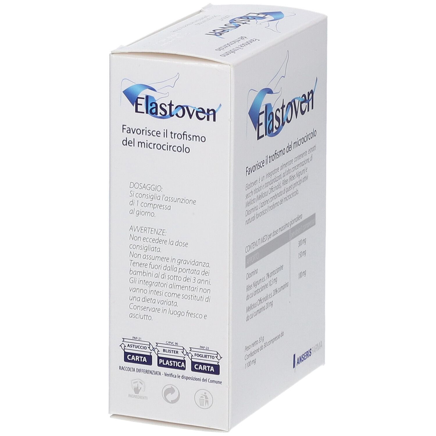 Scatola bianca con nome prodotto Elastoven. Contiene informazioni sul dosaggio e avvertenze in italiano.