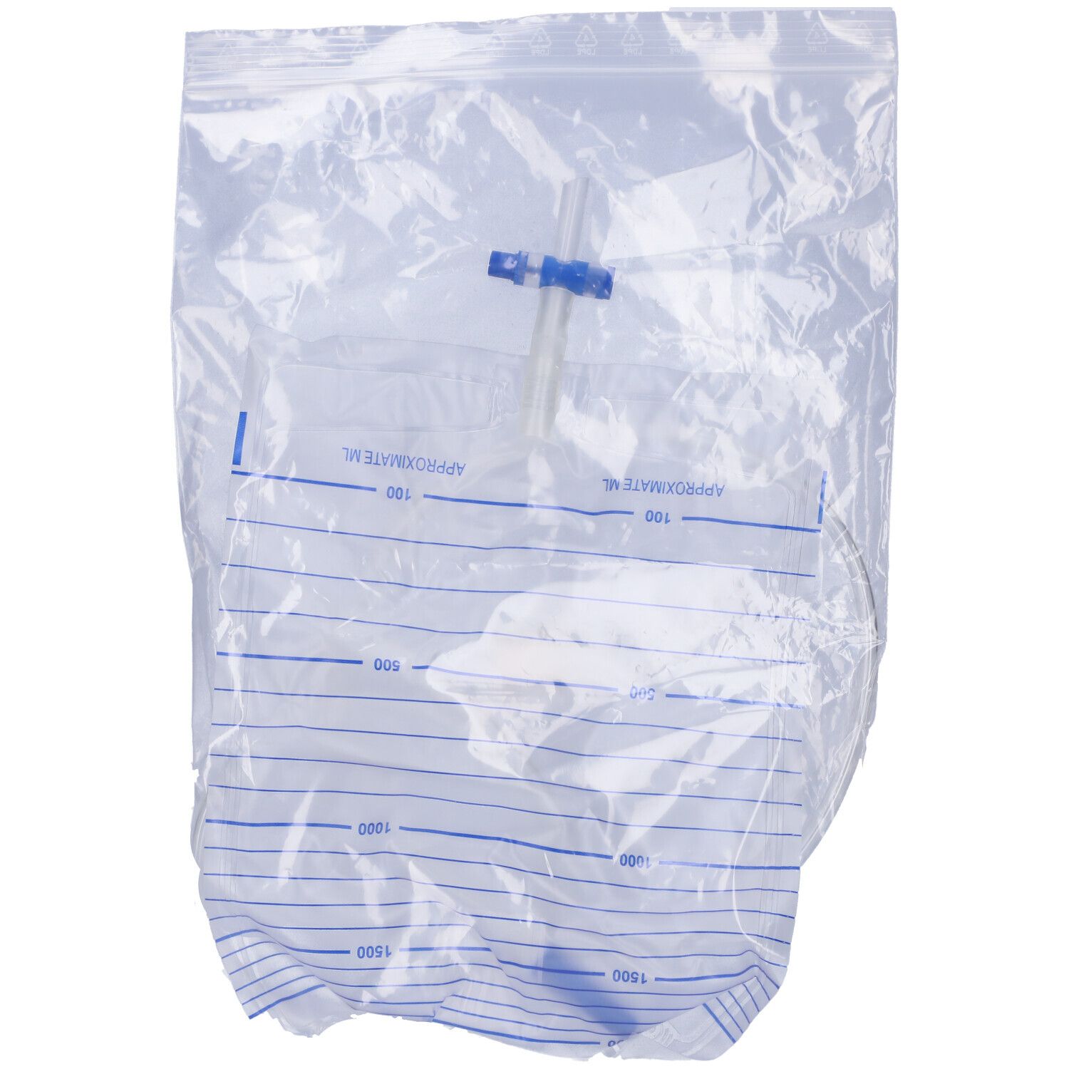 Sacca per urina trasparente in PVC. Con scala graduata, tubo e raccordo.