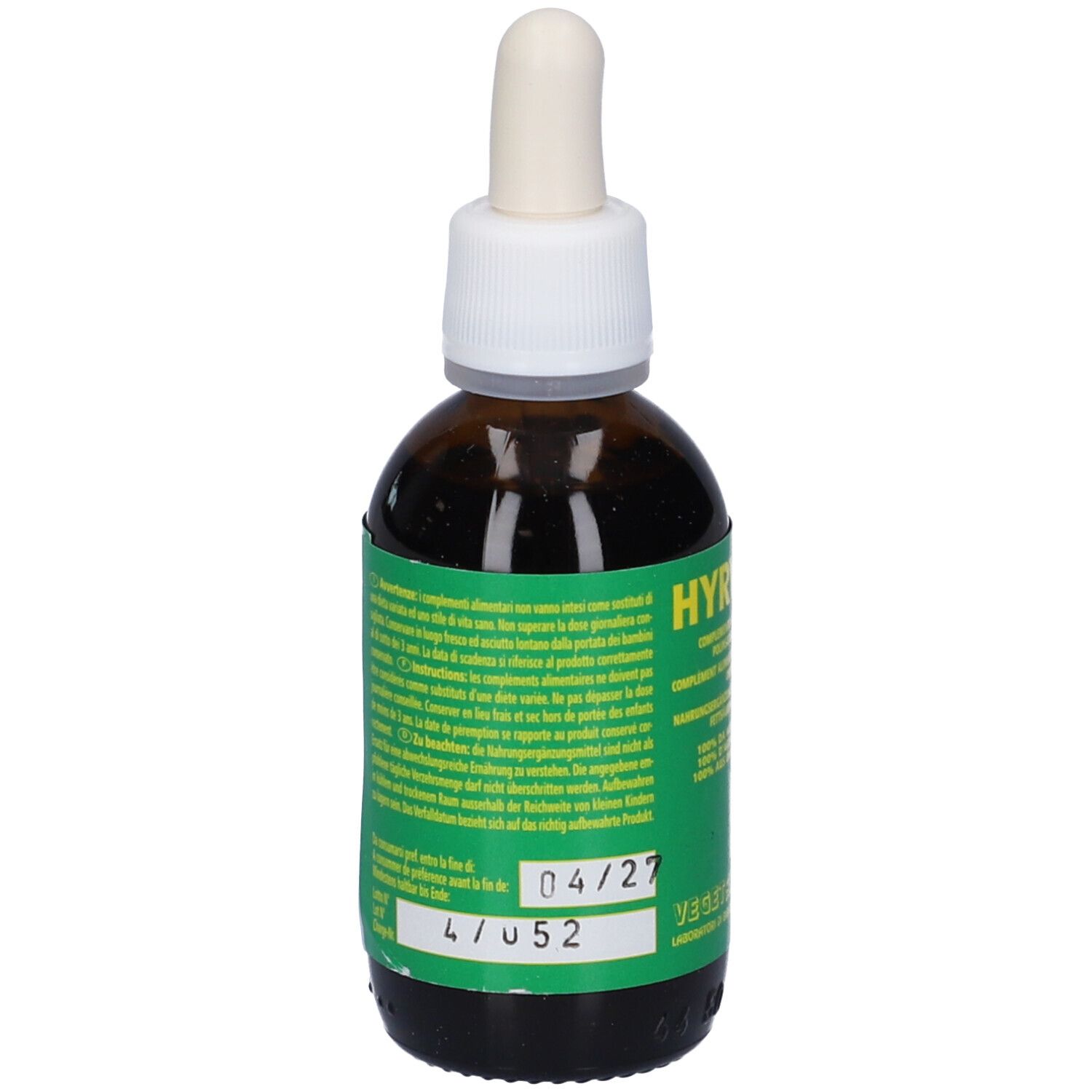 Flacone di vetro marrone con tappo bianco e contagocce. Etichetta verde e bianca con testo e data. 50 ml.