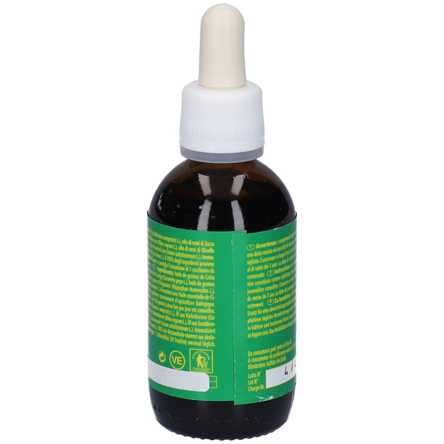 Flacone di vetro marrone con tappo bianco e contagocce. Etichetta verde e bianca con testo. 50 ml.