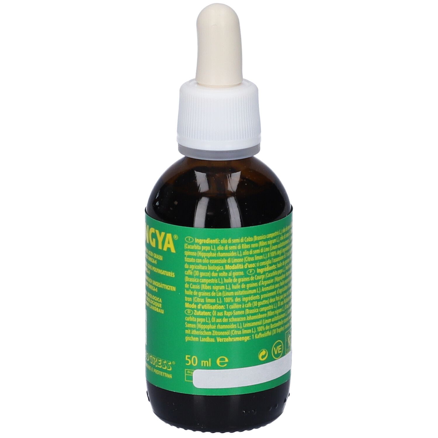 Flacone di vetro marrone con tappo bianco e contagocce. Etichetta verde e bianca con testo e 50 ml.