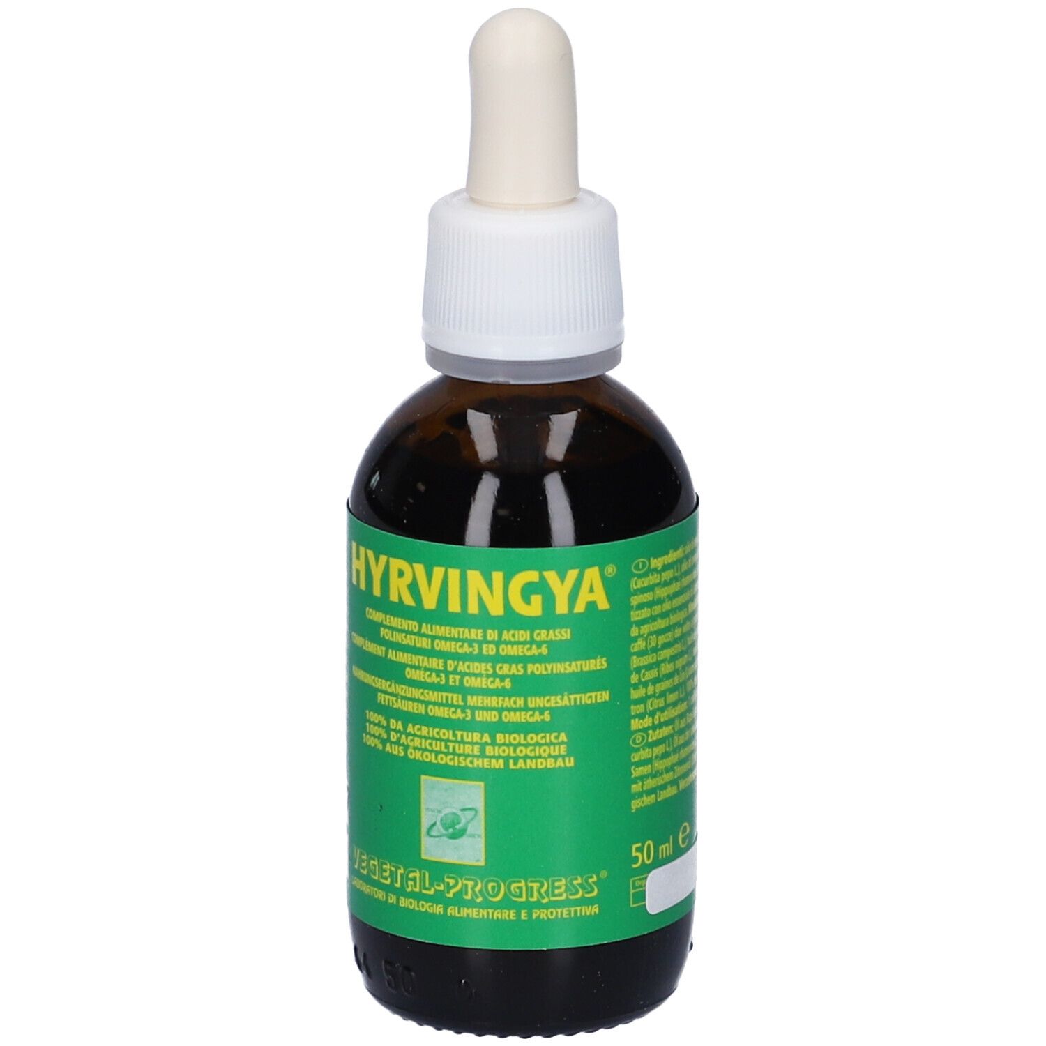 Flacone di vetro marrone con tappo bianco e contagocce. Etichetta verde e bianca con nome e testo. 50 ml.