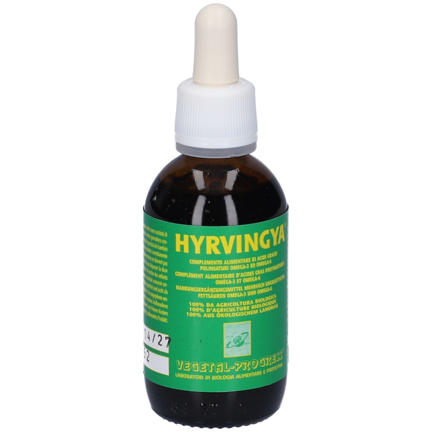 Flacone di vetro marrone con tappo bianco e contagocce. Etichetta verde e bianca con nome e testo. 50 ml.