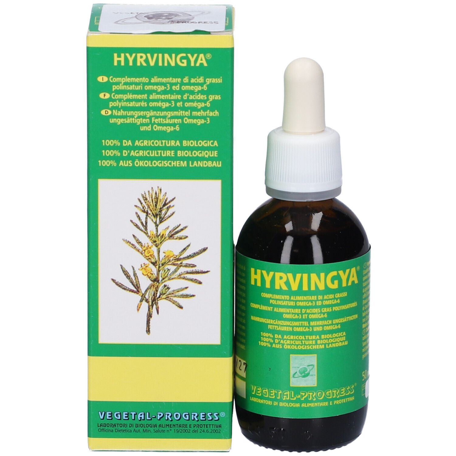 Confezione del prodotto con flacone e scatola. Flacone con tappo bianco e contagocce. Scatola con testo e logo.