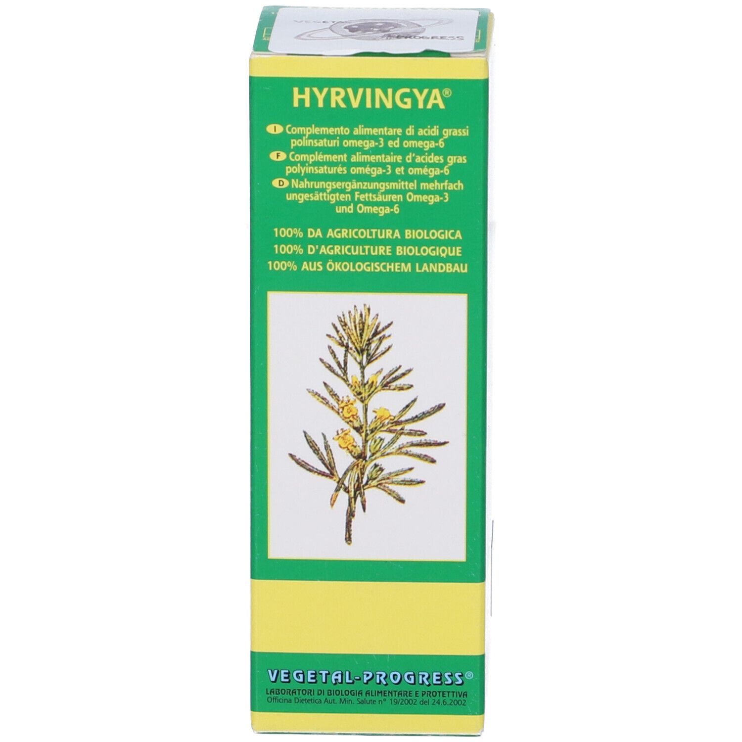 Confezione del prodotto. Scatola verde con testo, logo e illustrazione di una pianta. Nome del prodotto.