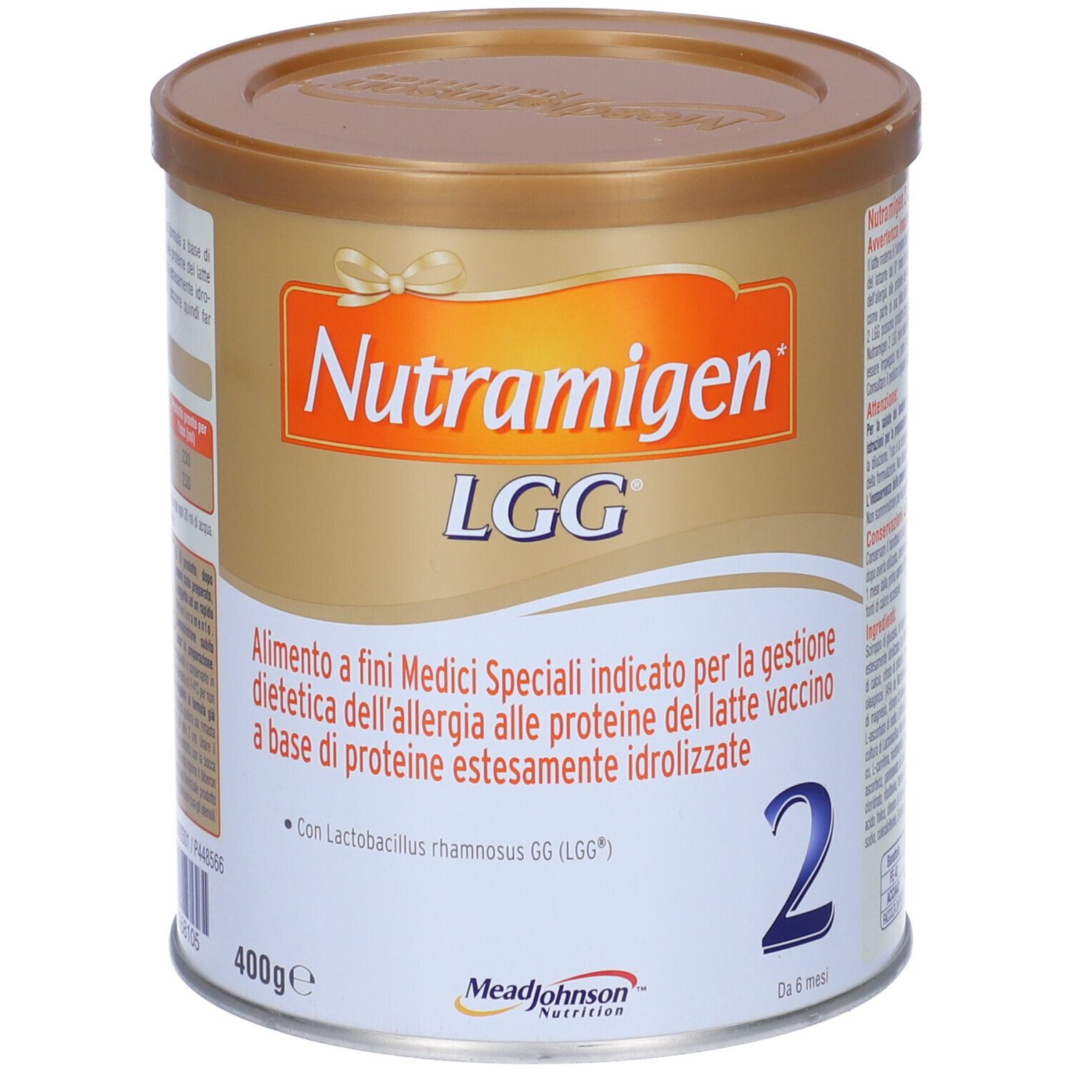Barattolo di Nutramigen LGG. Barattolo dorato con coperchio. Scritta: 'Alimento a fini medici speciali'.