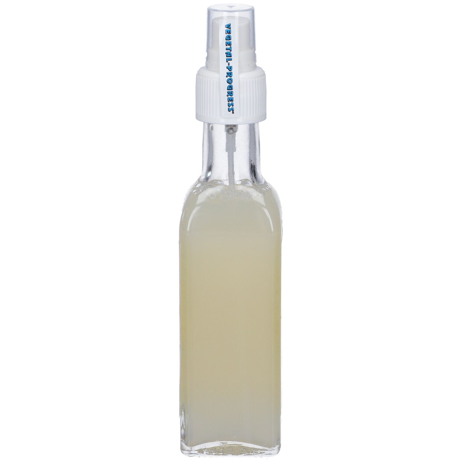 Flacone in vetro con vaporizzatore. Testo sul vaporizzatore. Liquido nel flacone.