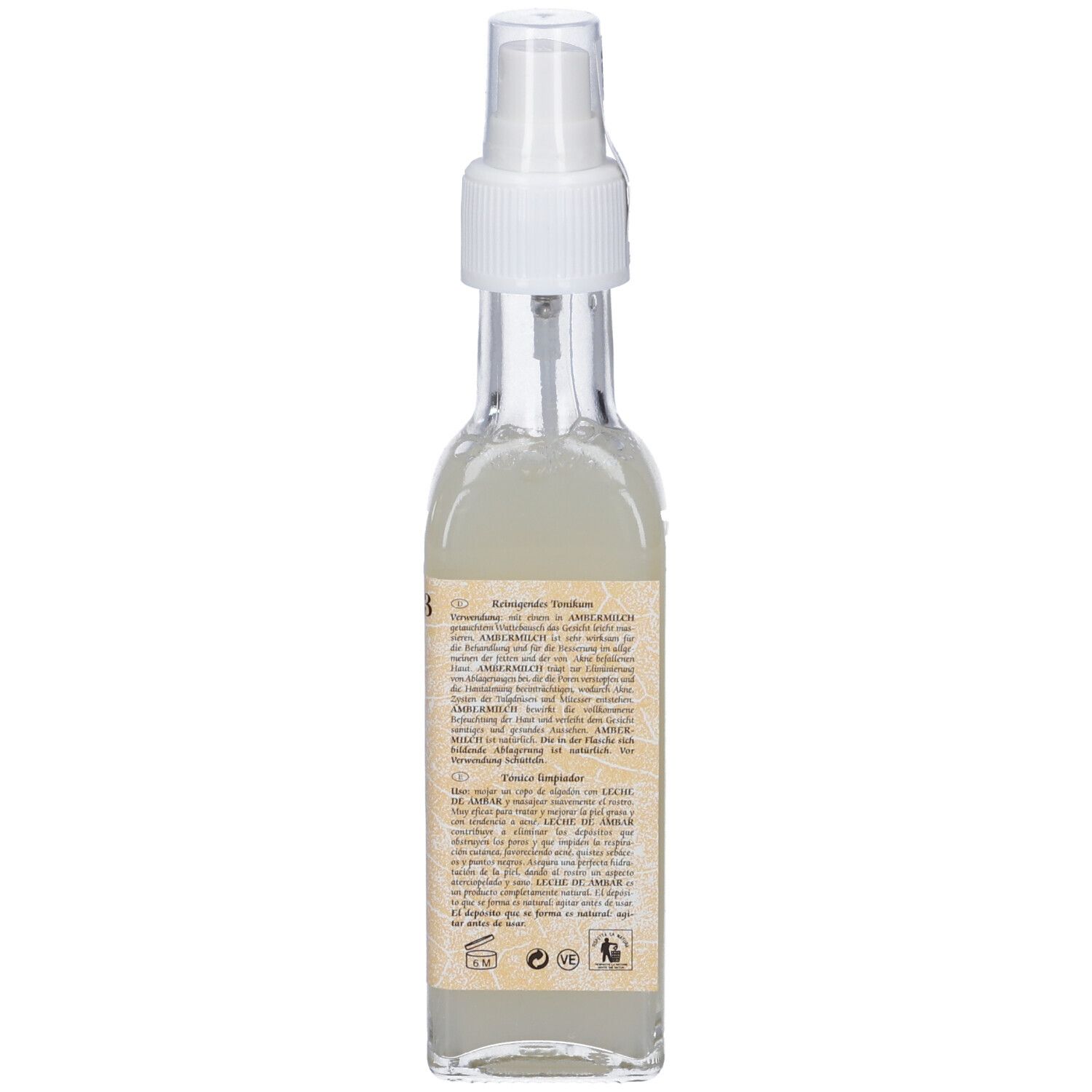 Retro di un flacone in vetro con vaporizzatore. Etichetta con testo. Liquido nel flacone.