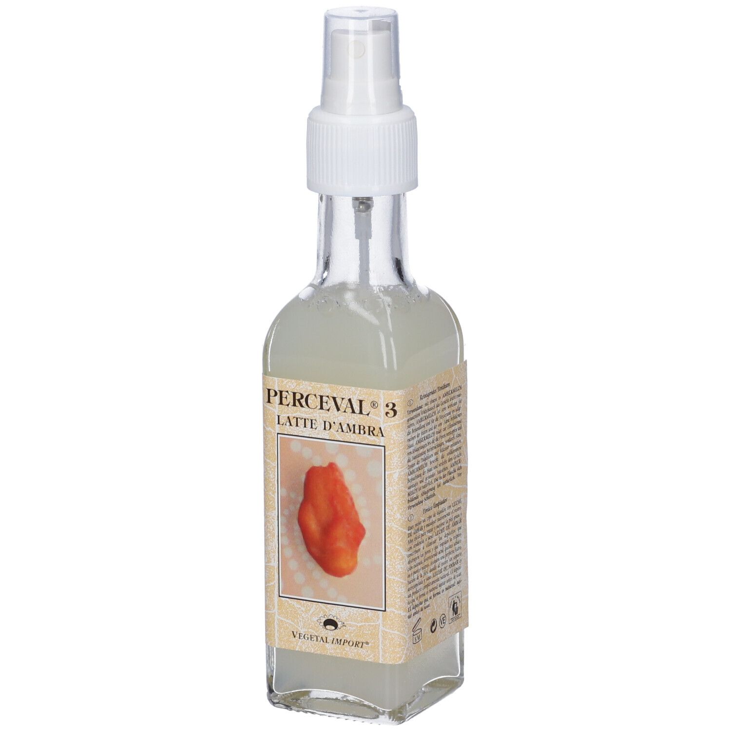 Flacone in vetro con vaporizzatore. Etichetta con nome del prodotto, immagine e logo. Liquido nel flacone.