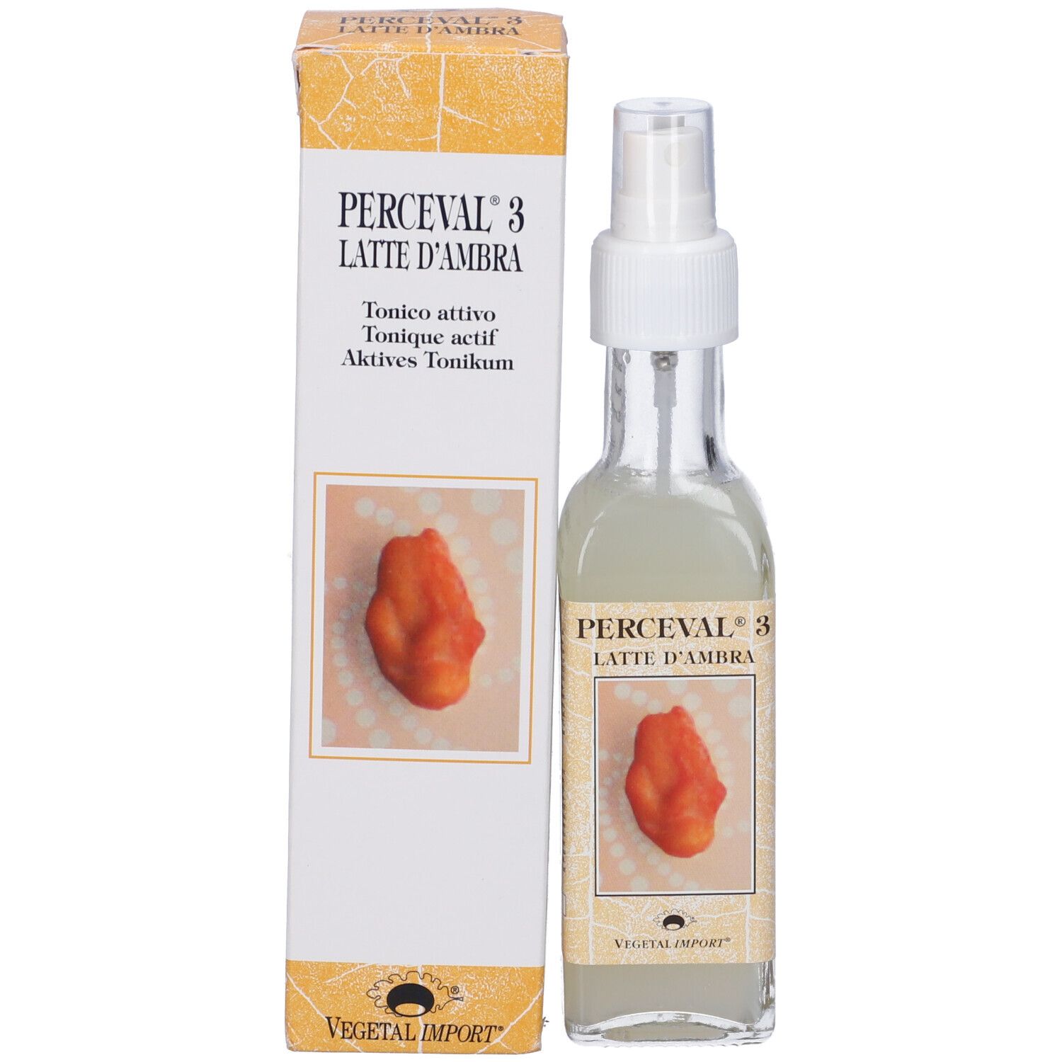 Flacone in vetro con vaporizzatore e scatola. Scatola con nome del prodotto, immagine e testo. Liquido nel flacone.