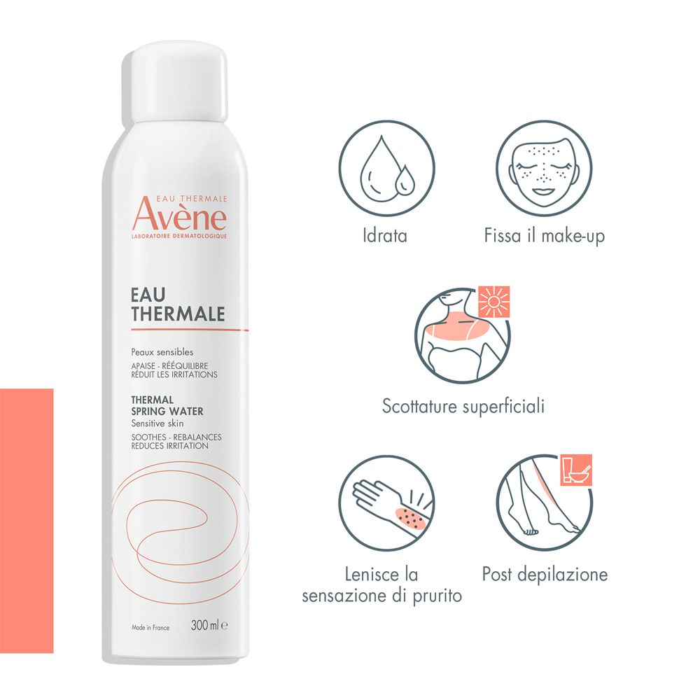 Spray bianco. Testo: Idrata, fissa il trucco, scottature superficiali, lenisce il prurito, post depilazione. Avène.