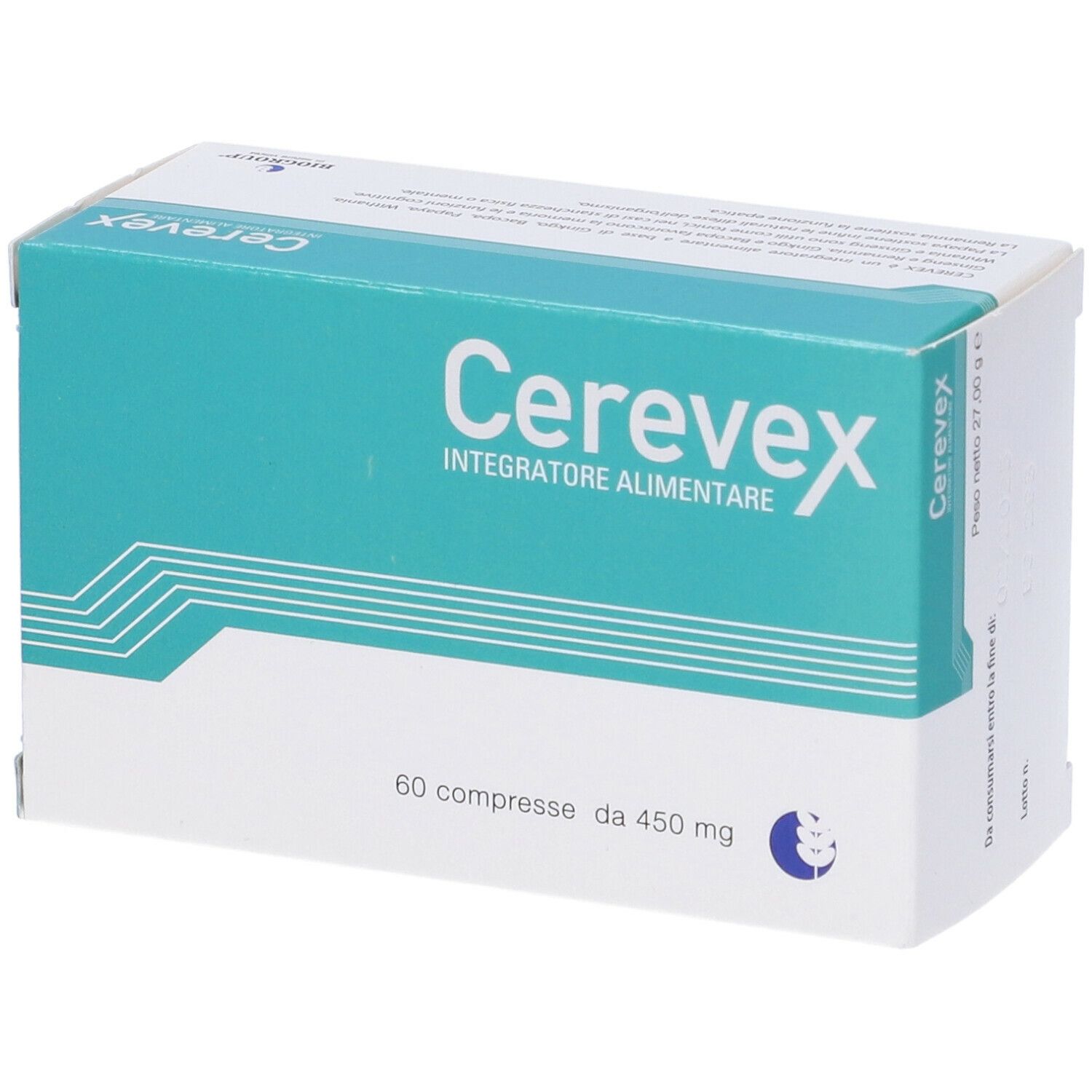 Confezione Cerevex, 60 compresse. Scatola turchese e bianca con nome e dettagli.