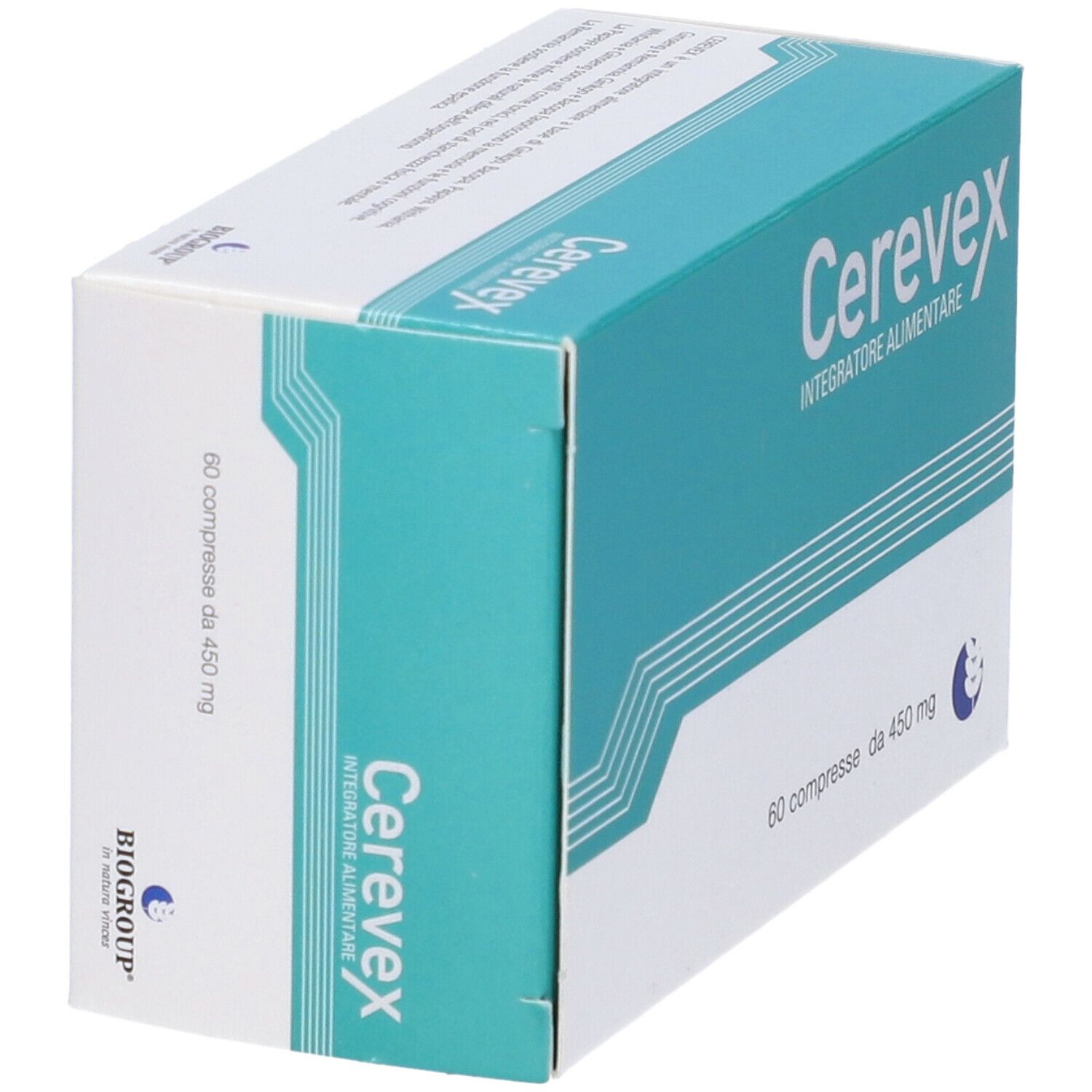 Confezione Cerevex, 60 compresse. Scatola turchese e bianca con nome e dettagli.