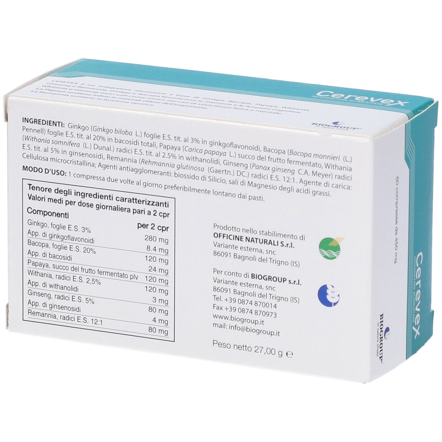 Retro della confezione Cerevex. Contiene ingredienti, dosaggio e informazioni produttore.